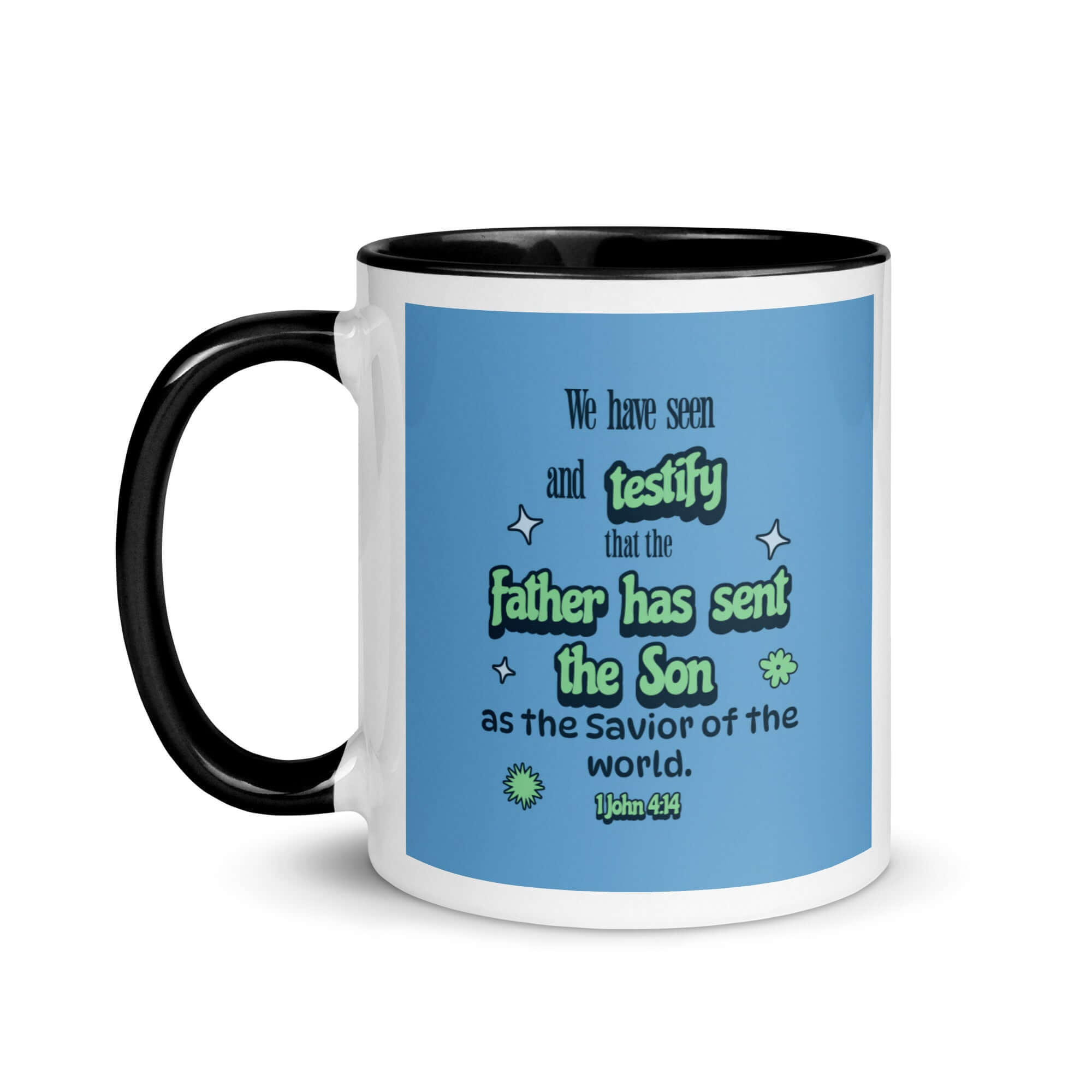 1 John 4:14 Bible Verse, sent the Son White Ceramic Mug with Color Inside