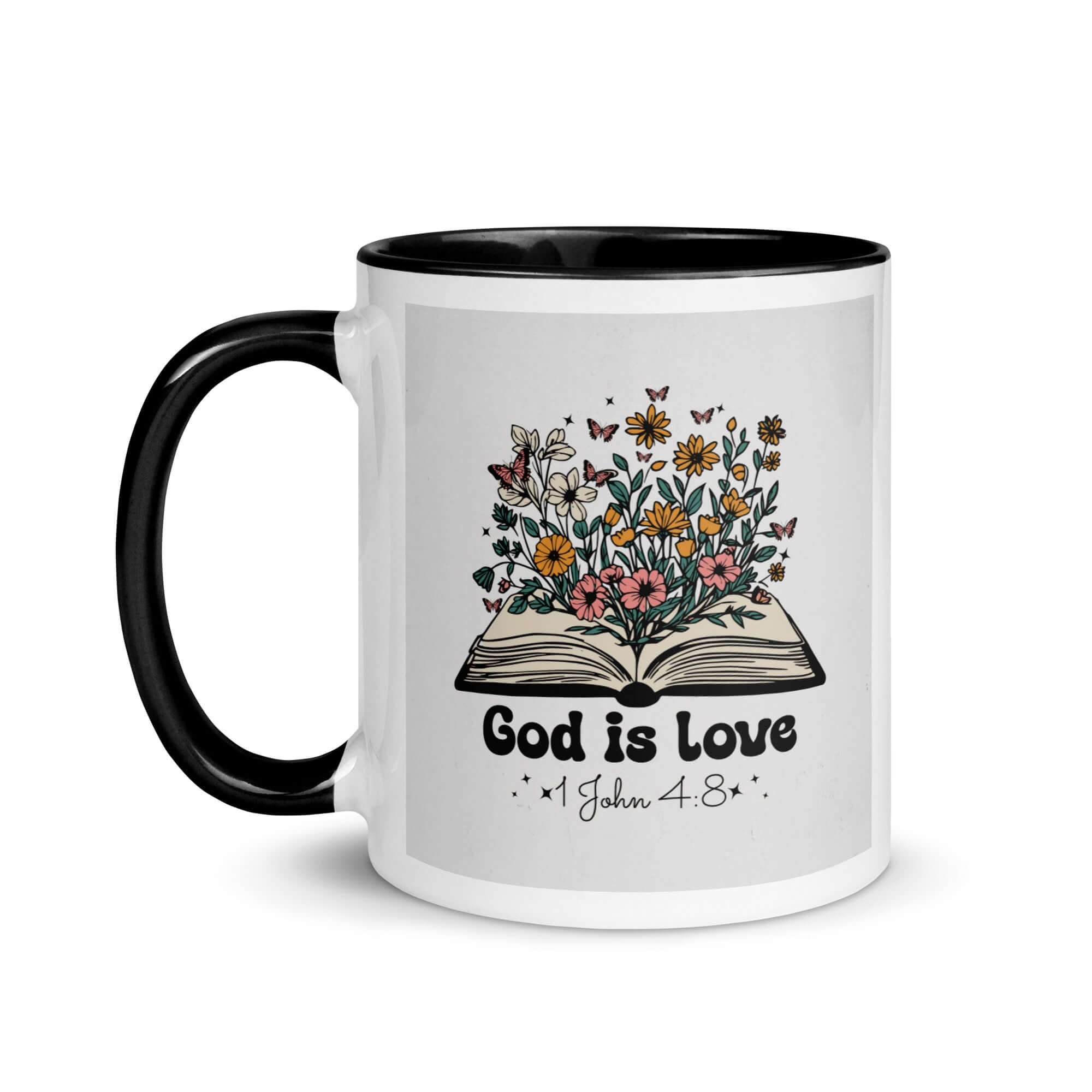 1 John 4:8 Bible Verse, God is Love White Ceramic Mug with Color Inside