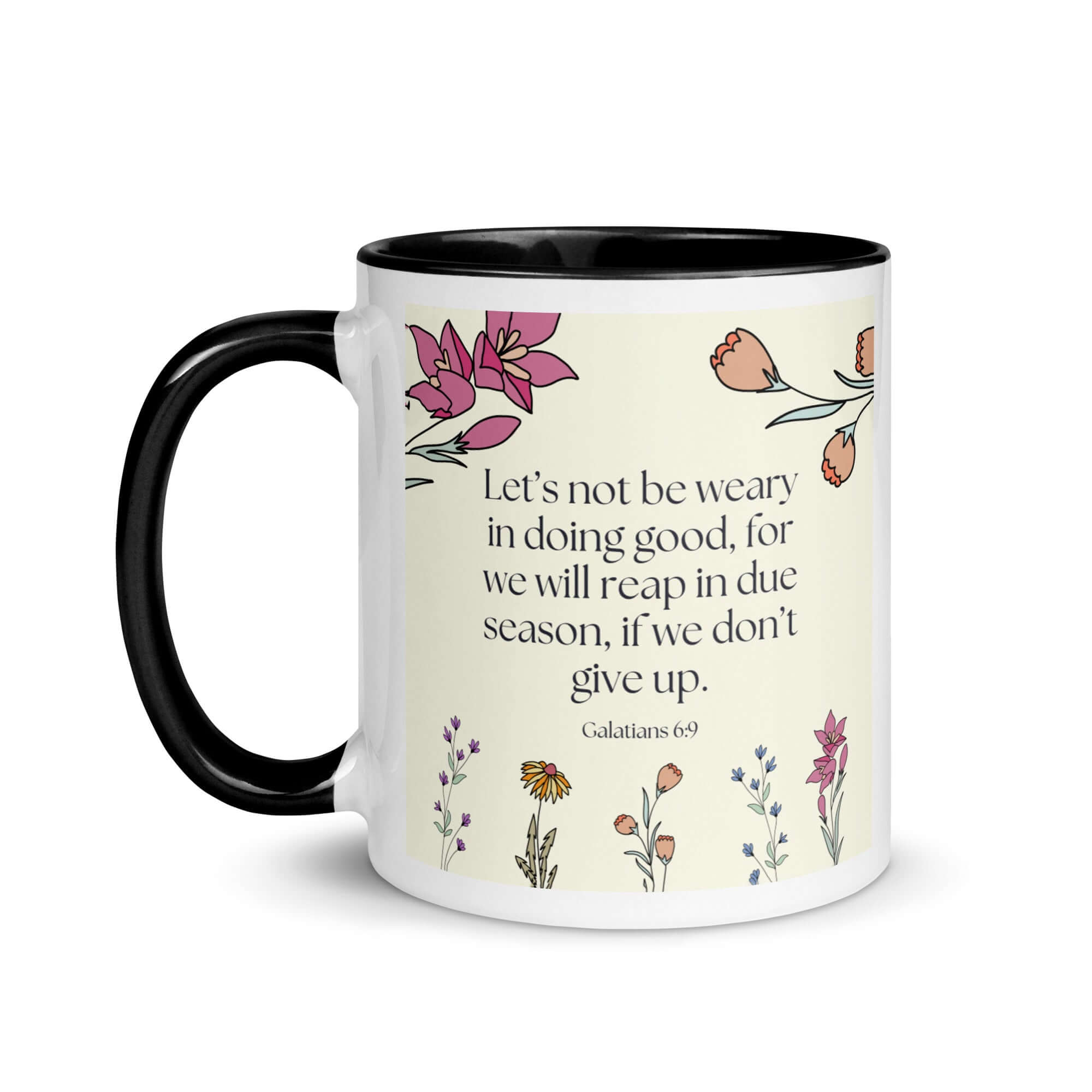 Galatians 6:9 Bible Verse, in doing good White Ceramic Mug with Color Inside