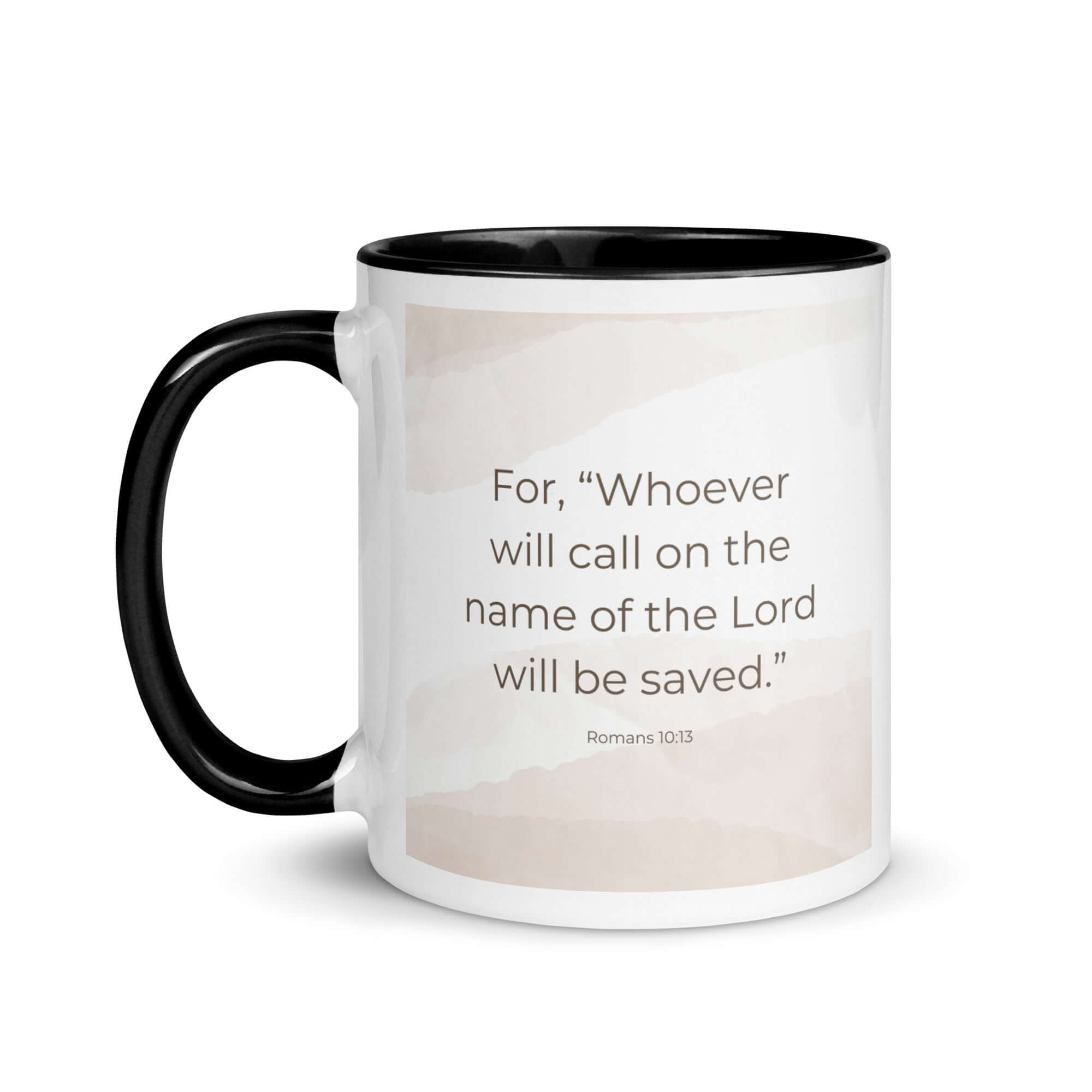 Romans 10:13 Bible Verse, the name White Ceramic Mug with Color Inside