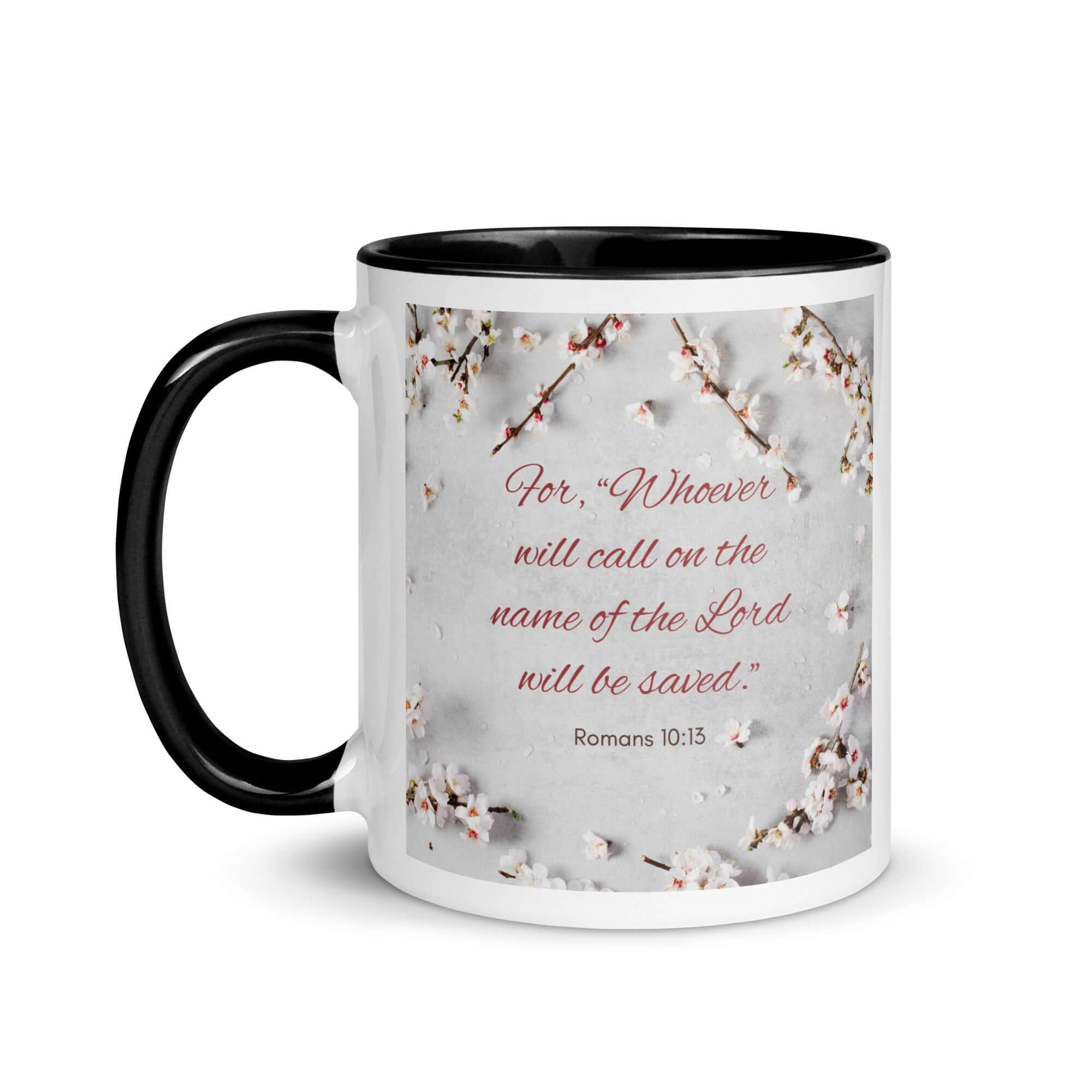 Romans 10:13 Bible Verse, the Lord White Ceramic Mug with Color Inside