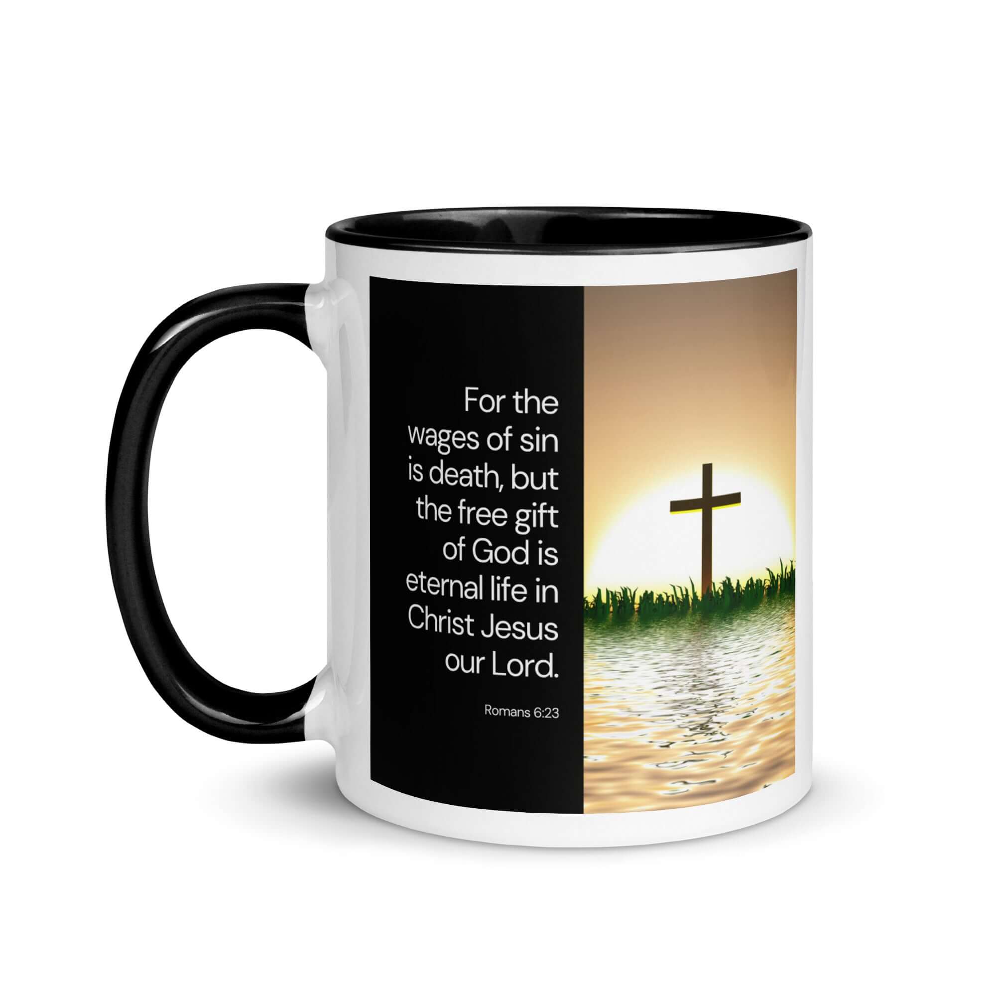 Romans 6:23 Bible Verse, the wages White Ceramic Mug with Color Inside