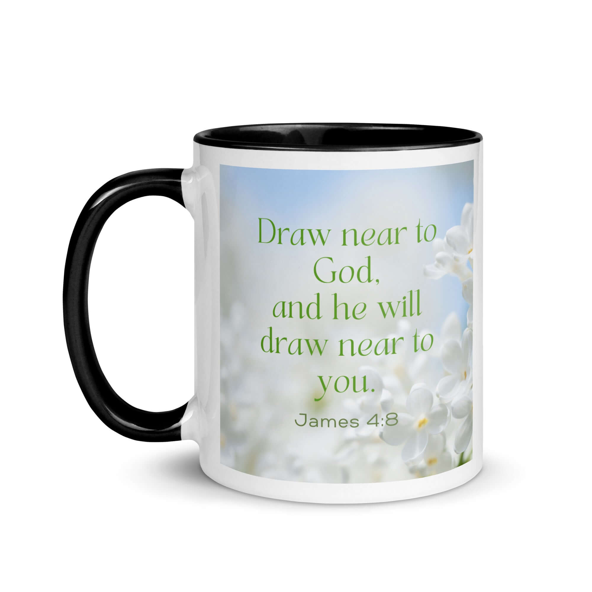 James 4:8 Bible Verse, Draw near White Ceramic Mug with Color Inside