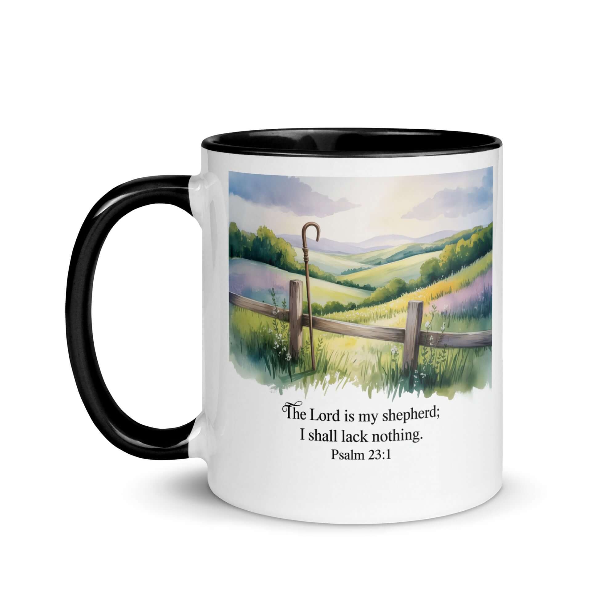 Psalm 23:1 Bible Verse, Lack White Ceramic Mug with Color Inside