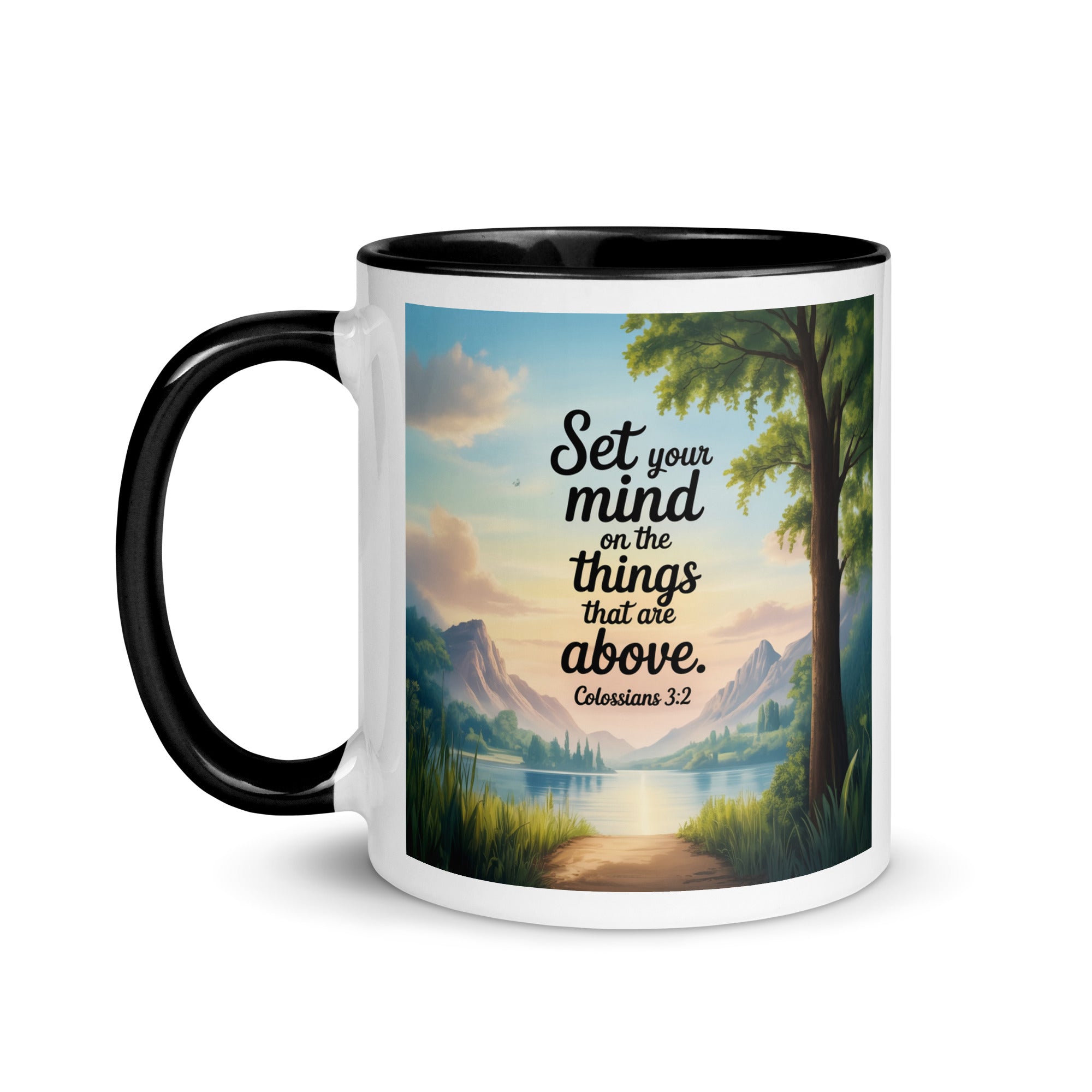 Colossians 3:2 Bible Verse Set White Ceramic Mug with Color Inside