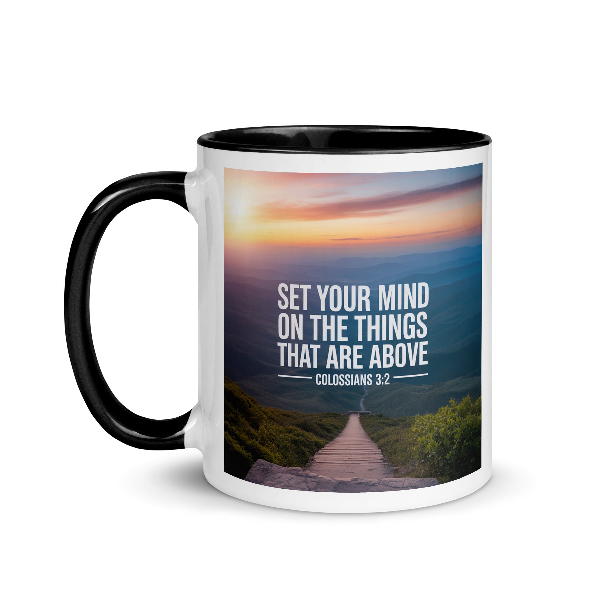Colossians 3:2 Bible Verse your mind White Ceramic Mug with Color Inside