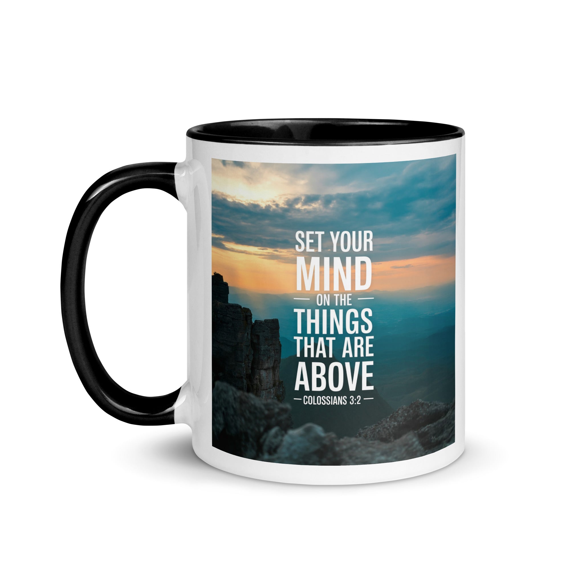 Colossians 3:2 Bible Verse on the White Ceramic Mug with Color Inside