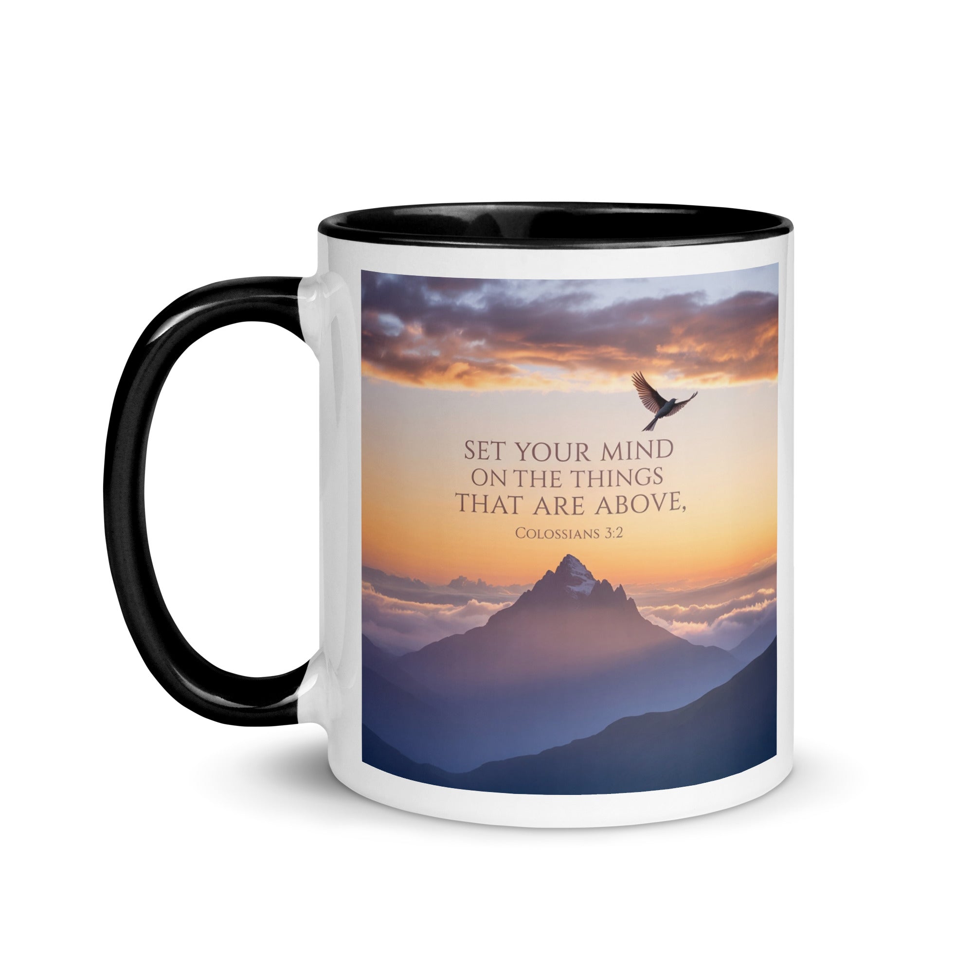 Colossians 3:2 Bible Verse are above White Ceramic Mug with Color Inside