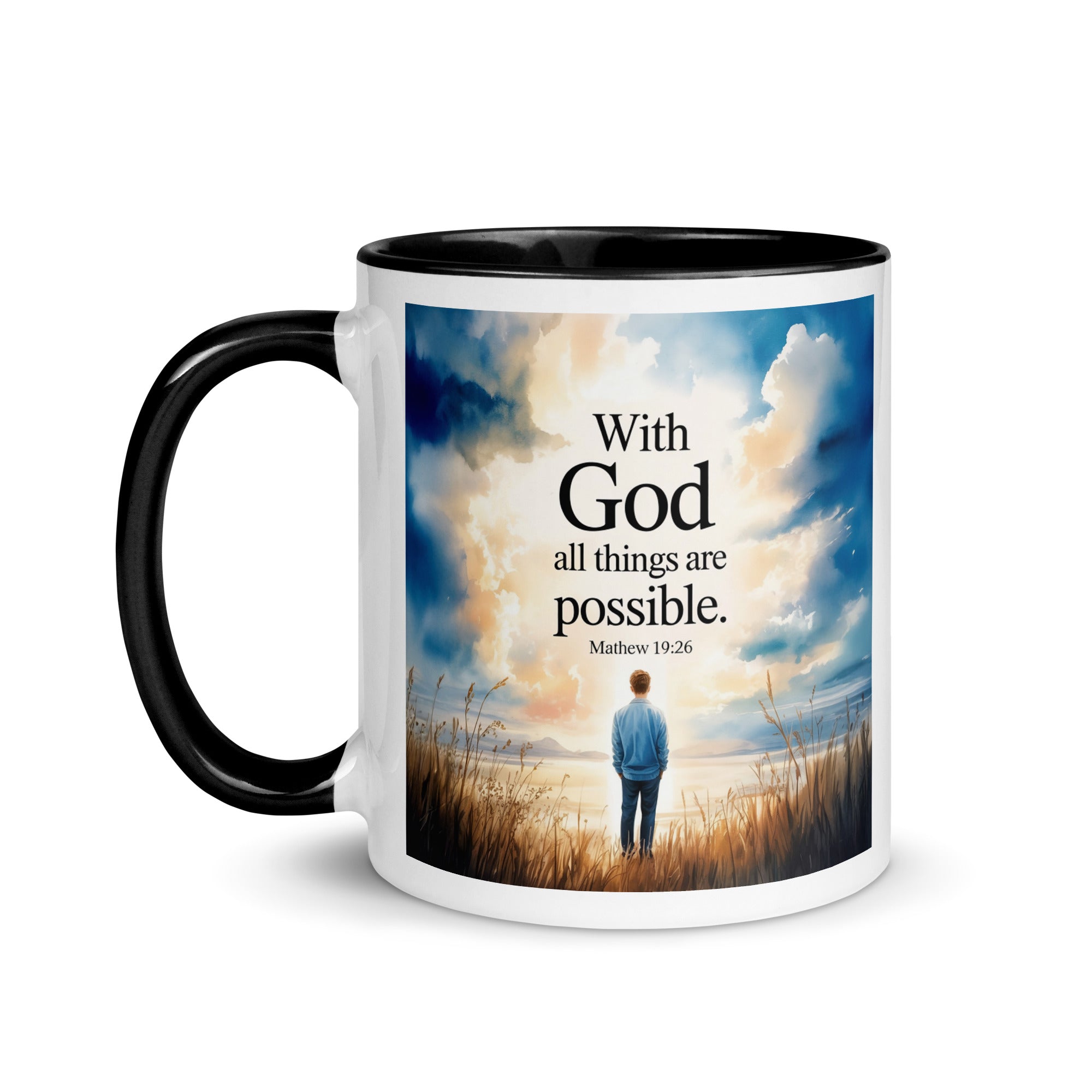 Matthew 19:26 Bible Verse Jesus White Ceramic Mug with Color Inside