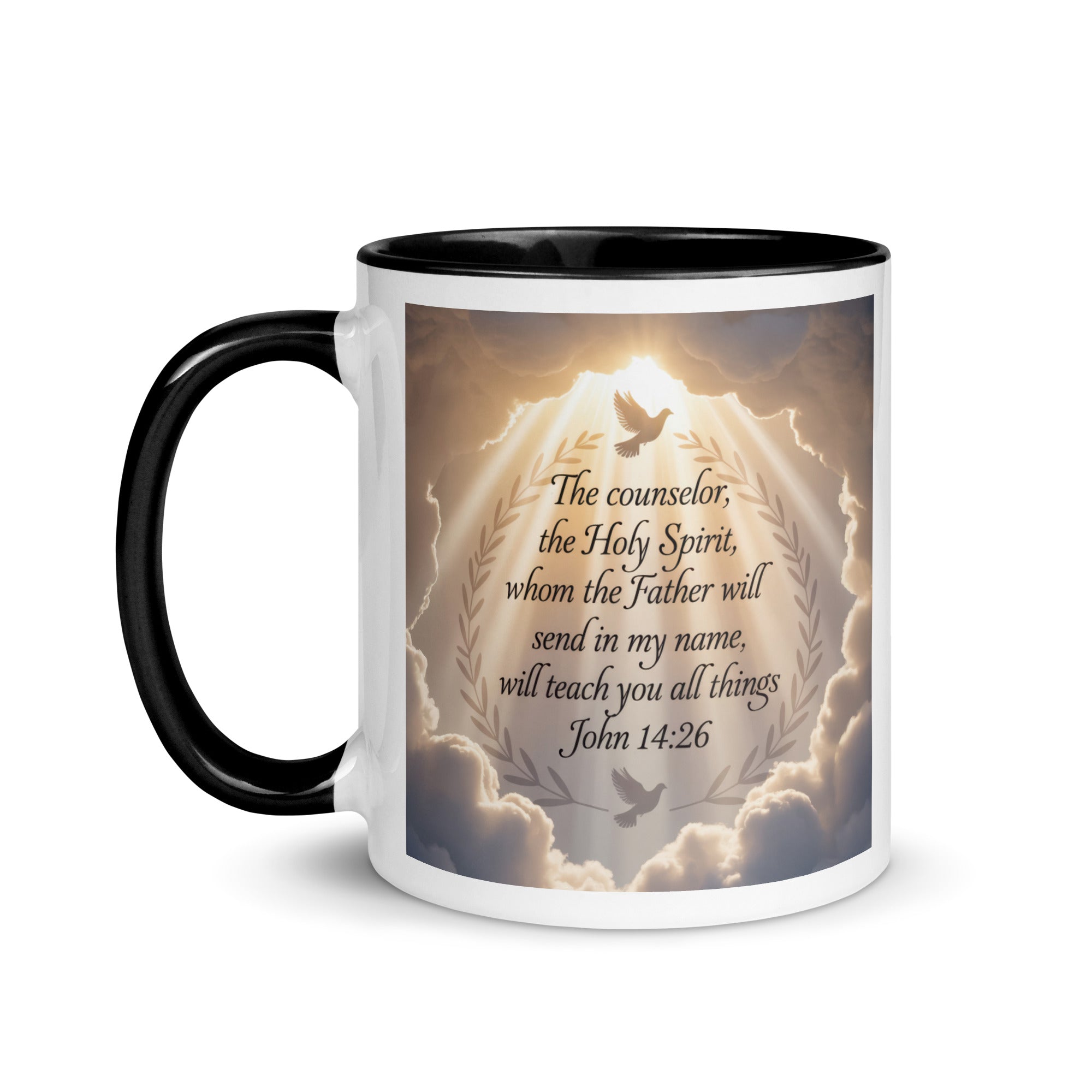 John 14:26 Bible Verse Counselor White Ceramic Mug with Color Inside