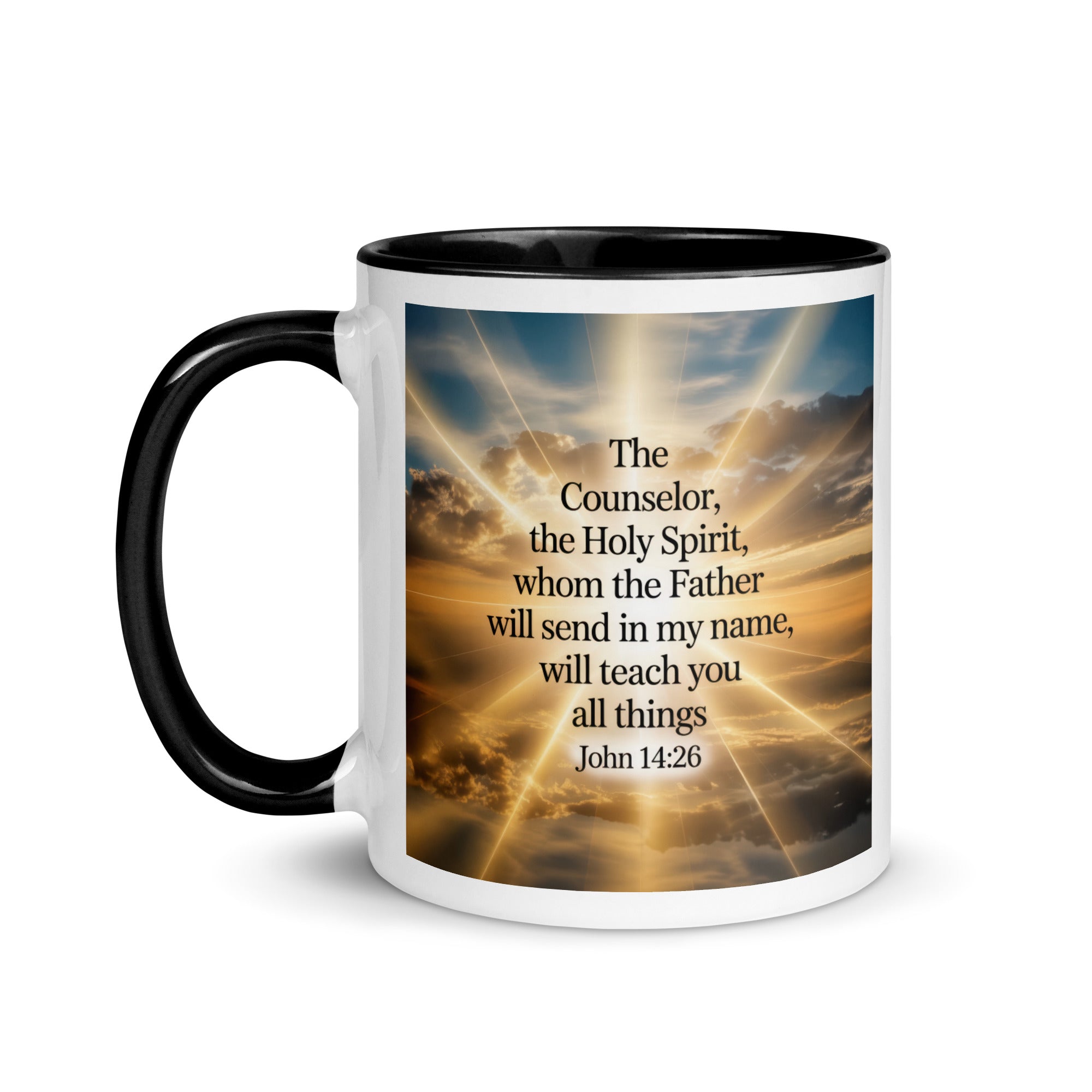 John 14:26 Bible Verse will send White Ceramic Mug with Color Inside