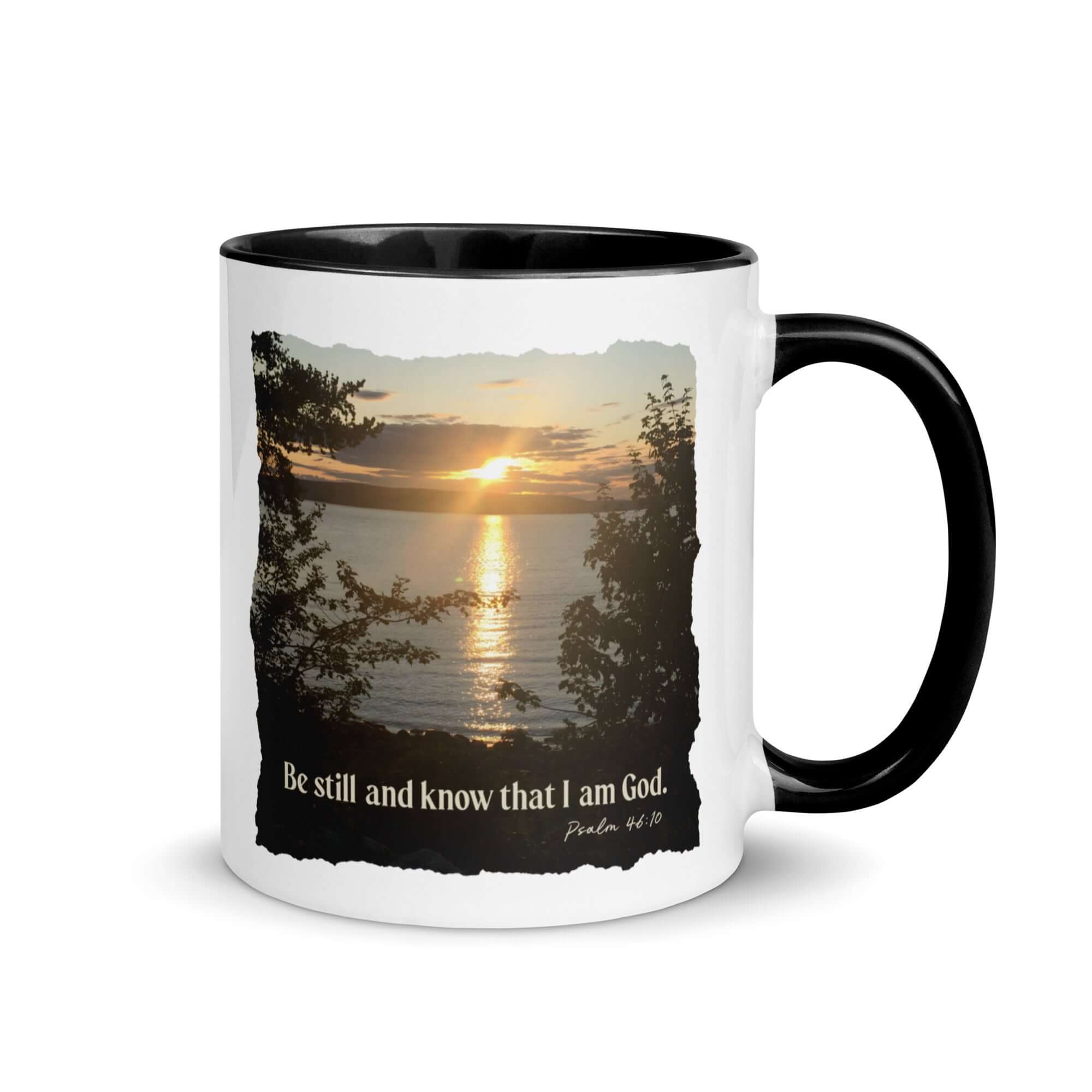 Psalm 46:10 Bible Verse, Sunset Glory White Ceramic Mug with Color Inside Black 11 oz