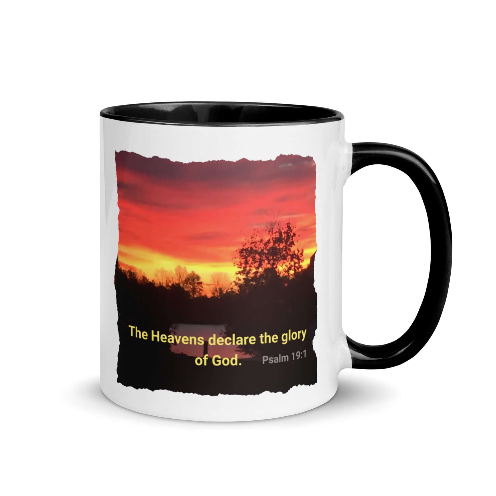 Psalm 19:1 Bible Verse, Sunset Glory White Ceramic Mug with Color Inside Black 11 oz