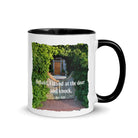 Revelation 3:20 Bible Verse, Garden Doorway White Ceramic Mug with Color Inside Black 11 oz