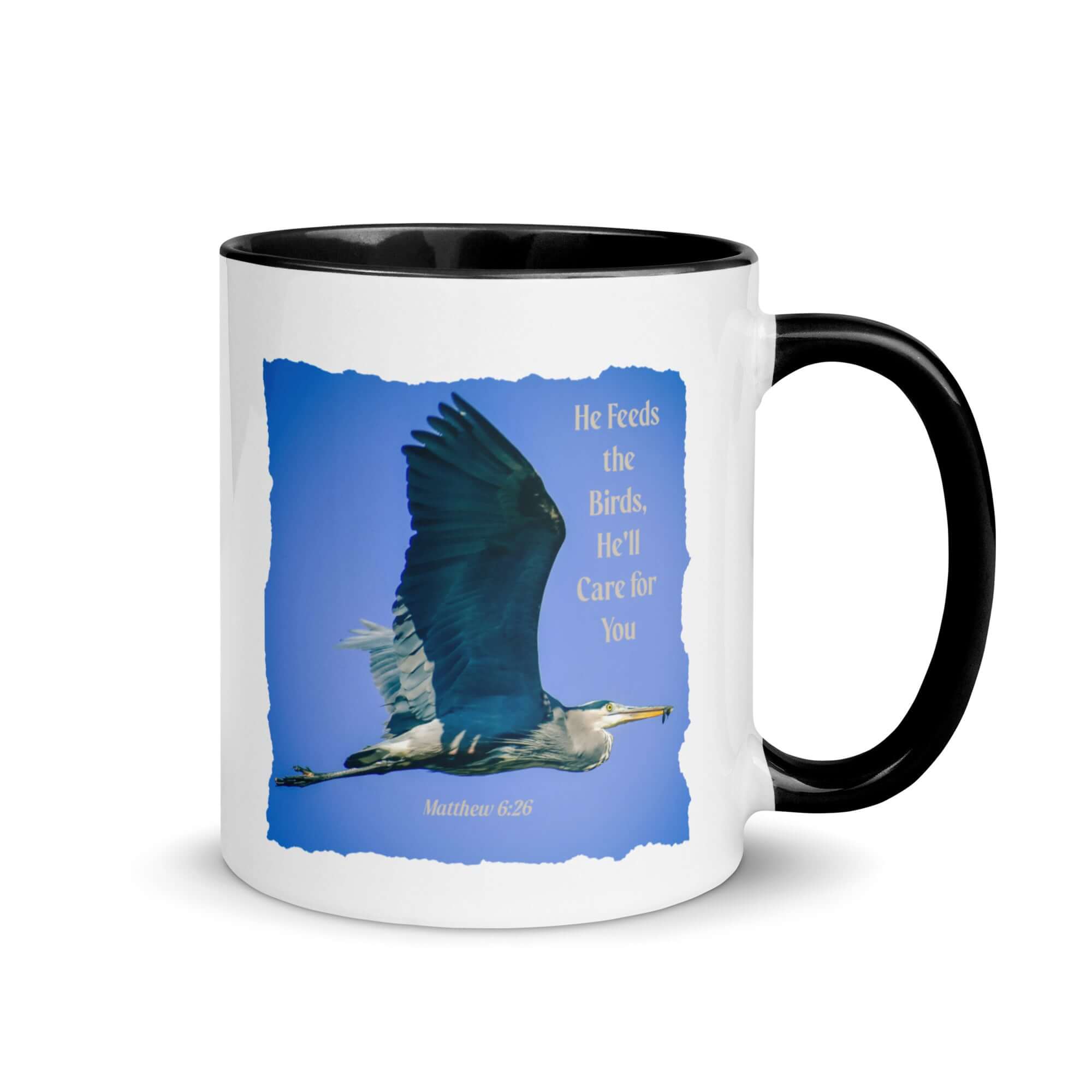 Matthew 6:26 Graceful Heron, He'll Care for You White Ceramic Mug with Color Inside Black 11 oz