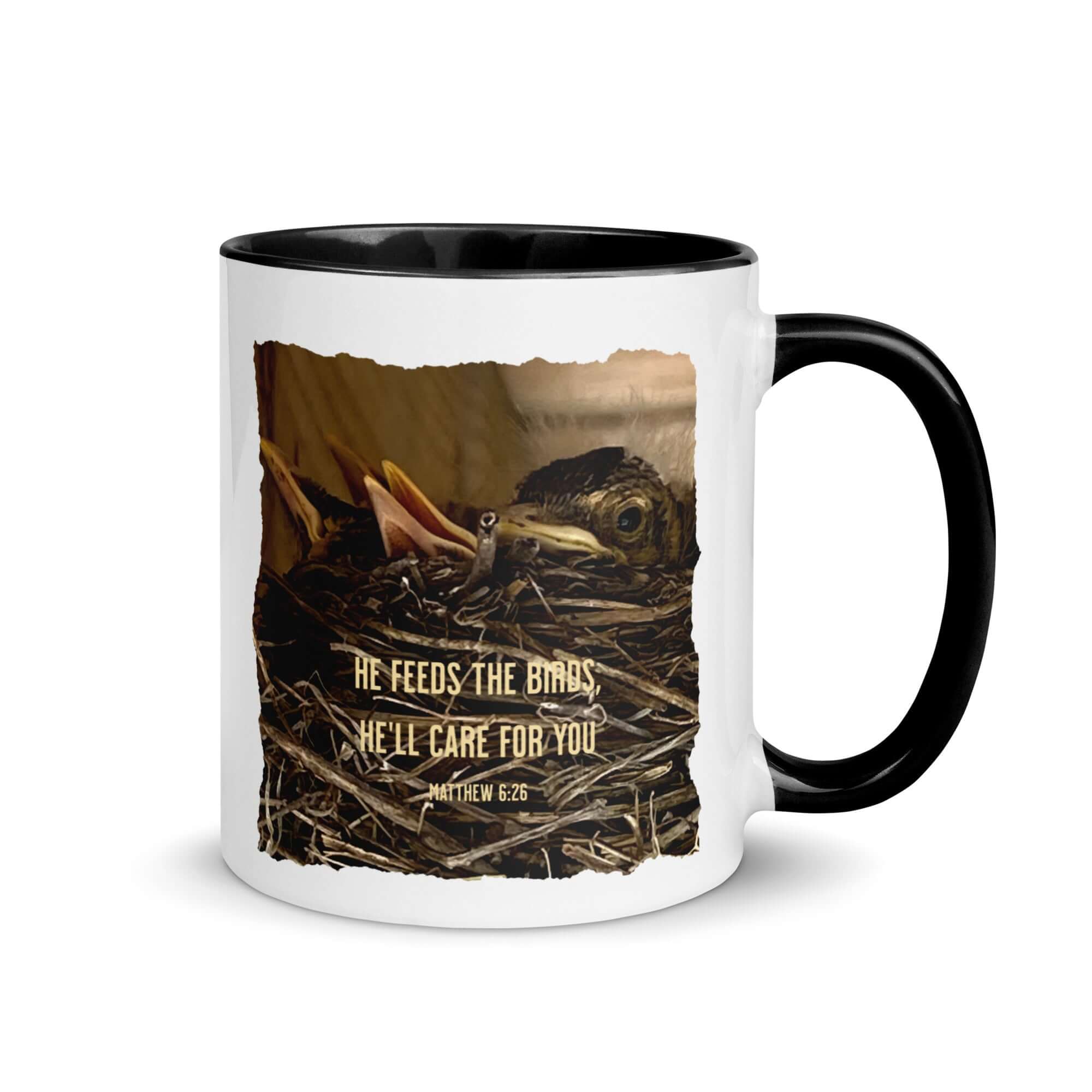 Matthew 6:26 Baby Robins, He'll Care for You White Ceramic Mug with Color Inside Black 11 oz