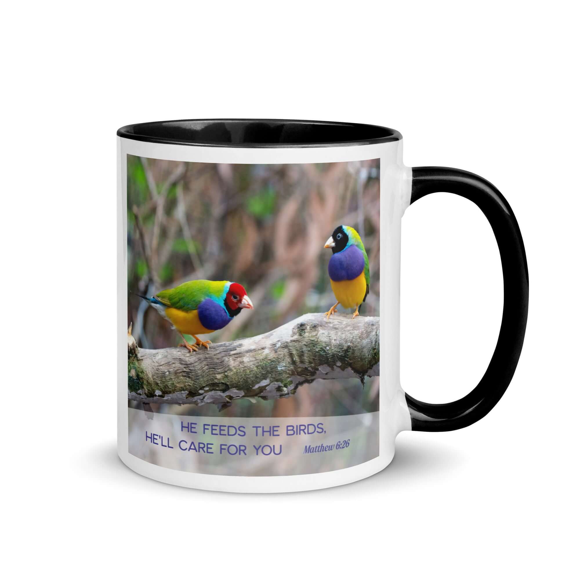 Matthew 6:26 Gouldian Finches, He'll Care for You White Ceramic Mug with Color Inside Black 11 oz