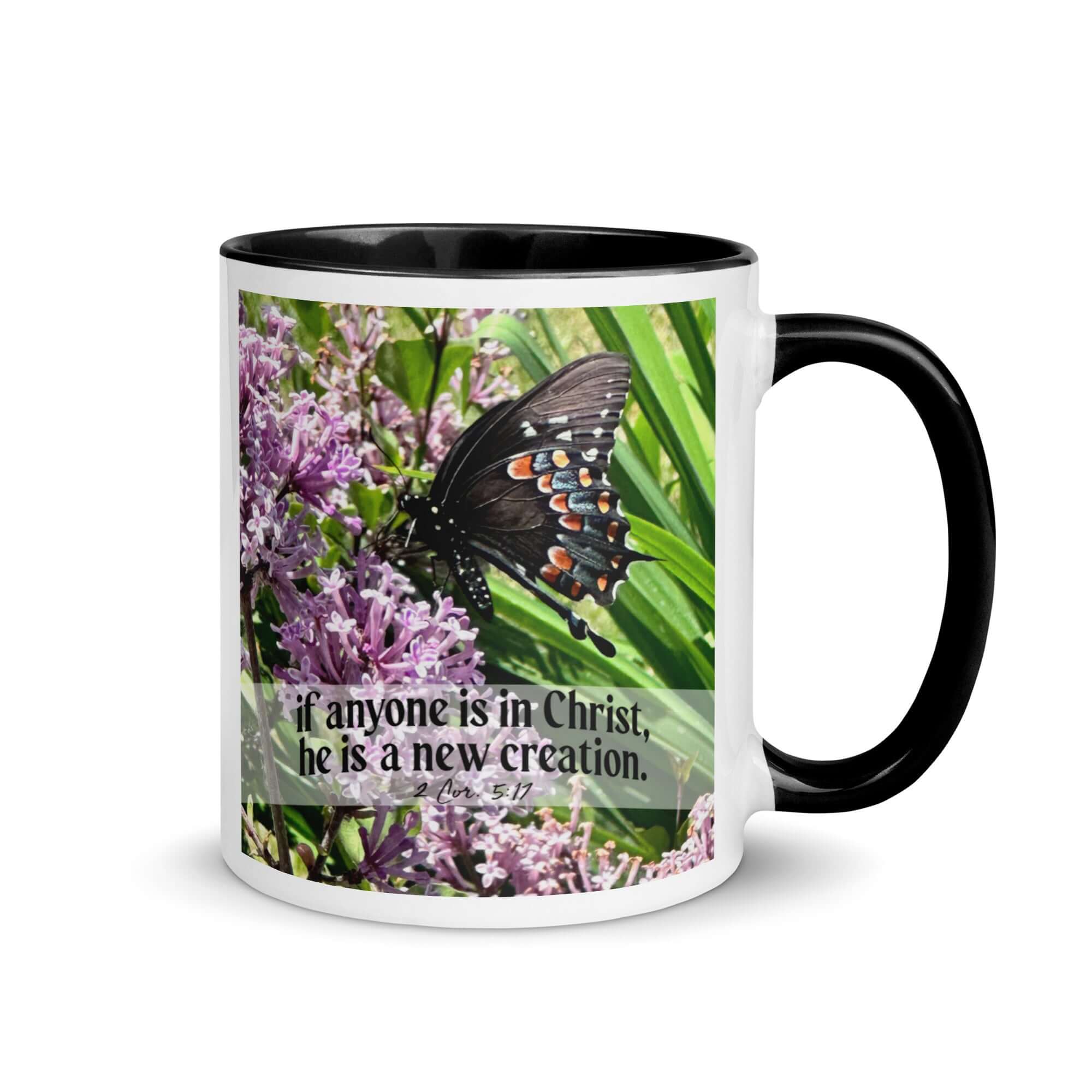 2 Corinthians 5:17 Bible Verse, Butterfly White Ceramic Mug with Color Inside Black 11 oz