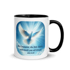 John 14:26 Bible Verse, Holy Spirit Dove White Ceramic Mug with Color Inside Black 11 oz