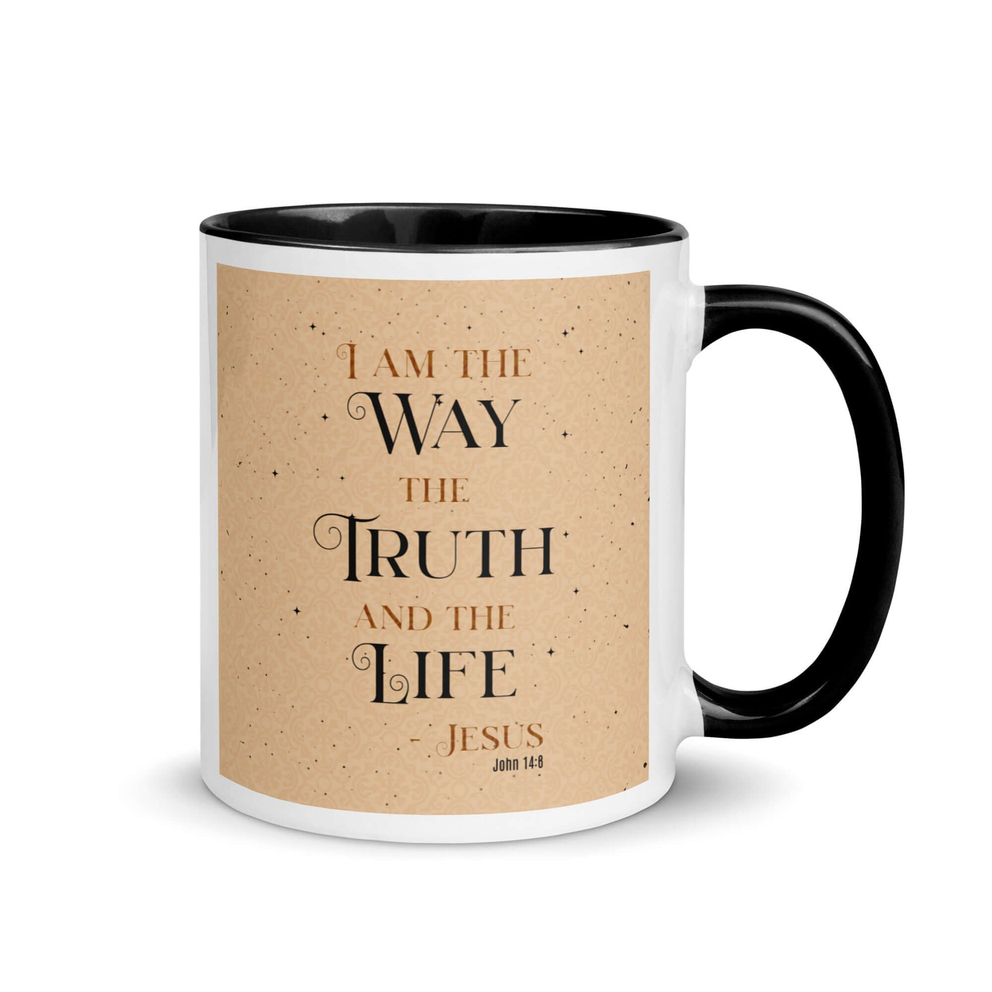 John 14:6 Bible Verse, Color Text Brown Background White Ceramic Mug with Color Inside Black 11 oz