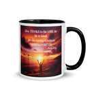 Psalm 107:1 Bible Verse, Give Thanks to the Lord White Ceramic Mug with Color Inside Black 11 oz