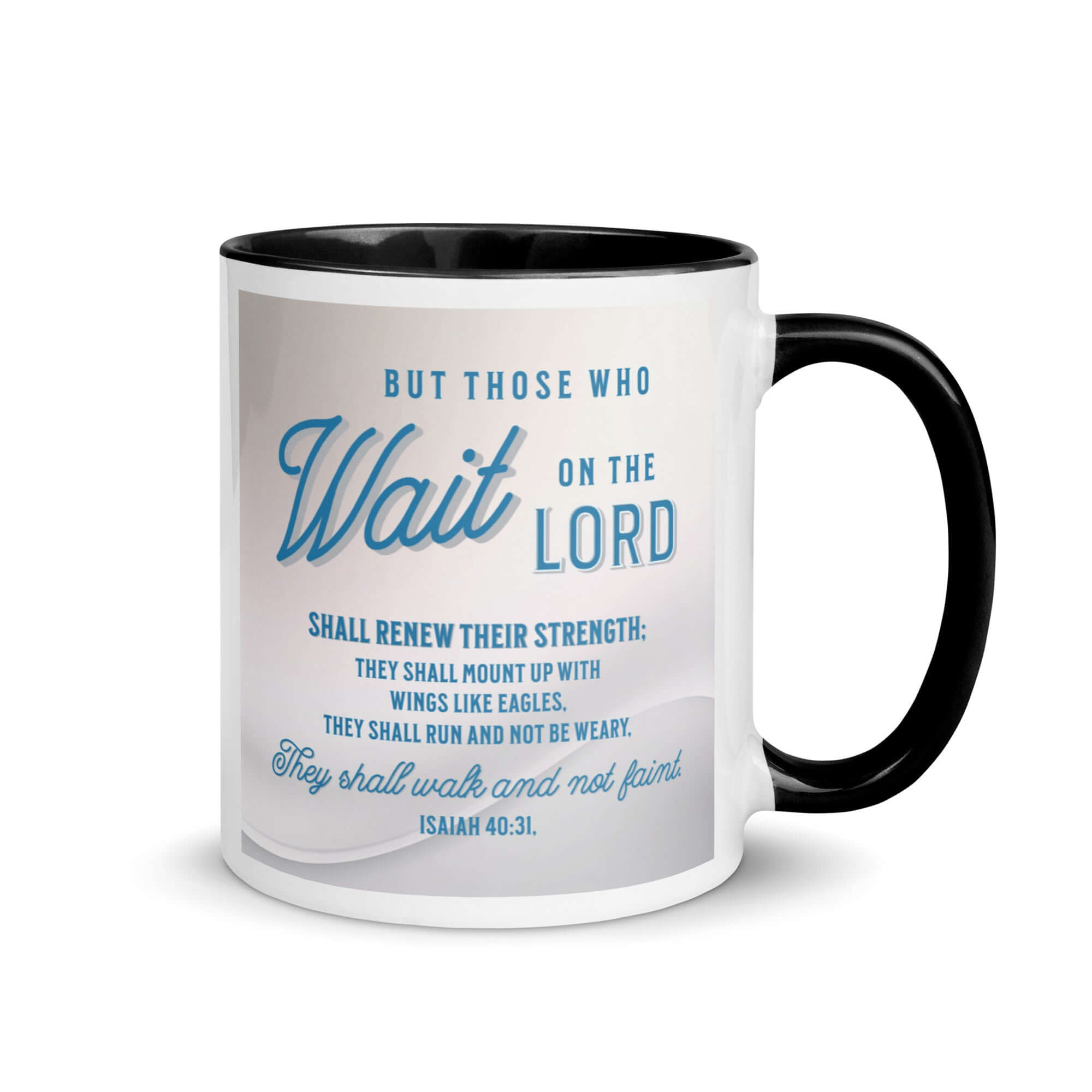Isaiah 40:31 Bible Verse, Wings like Eagles White Ceramic Mug with Color Inside Black 11 oz