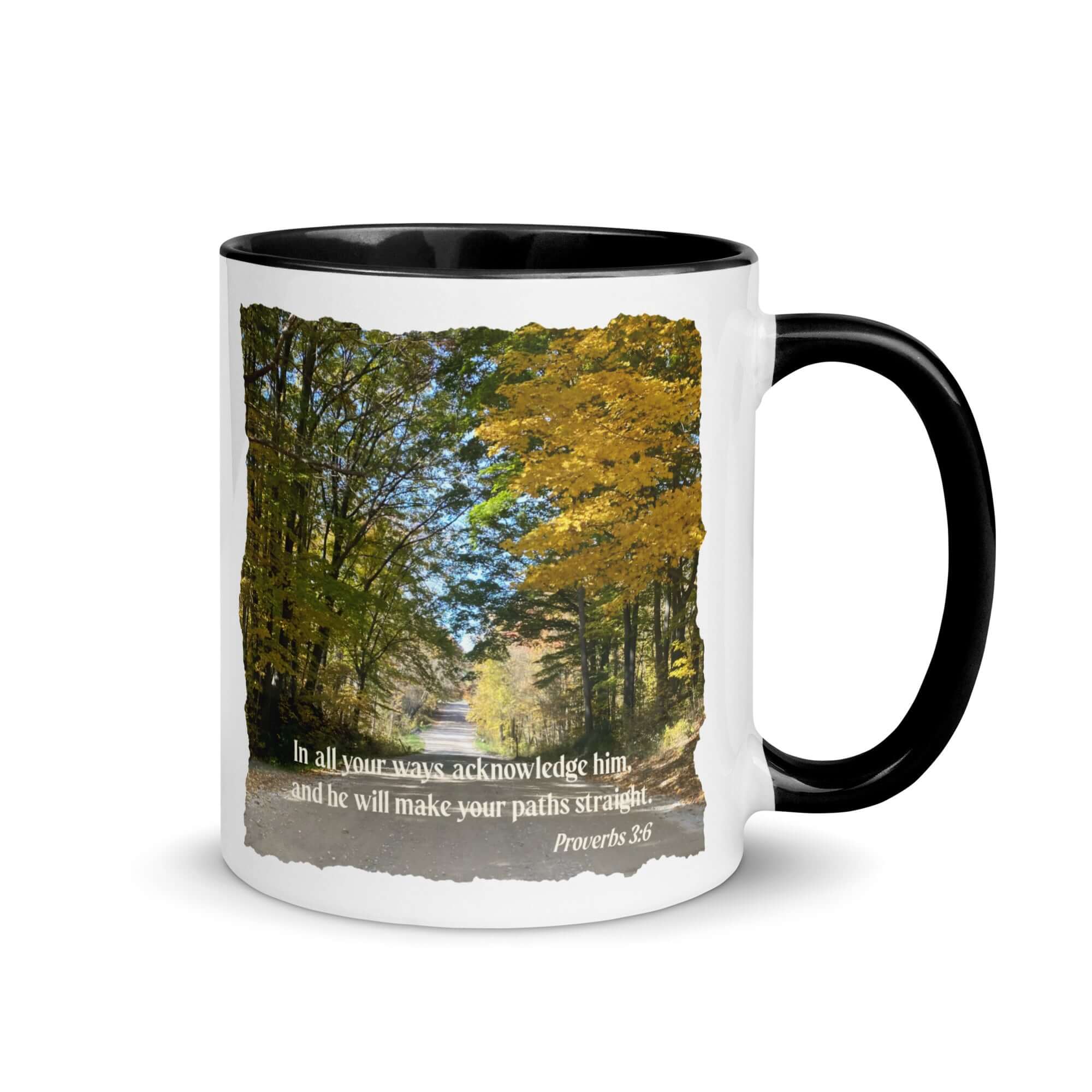 Proverbs 3:6 Bible Verse, Fall Road White Ceramic Mug with Color Inside Black 11 oz