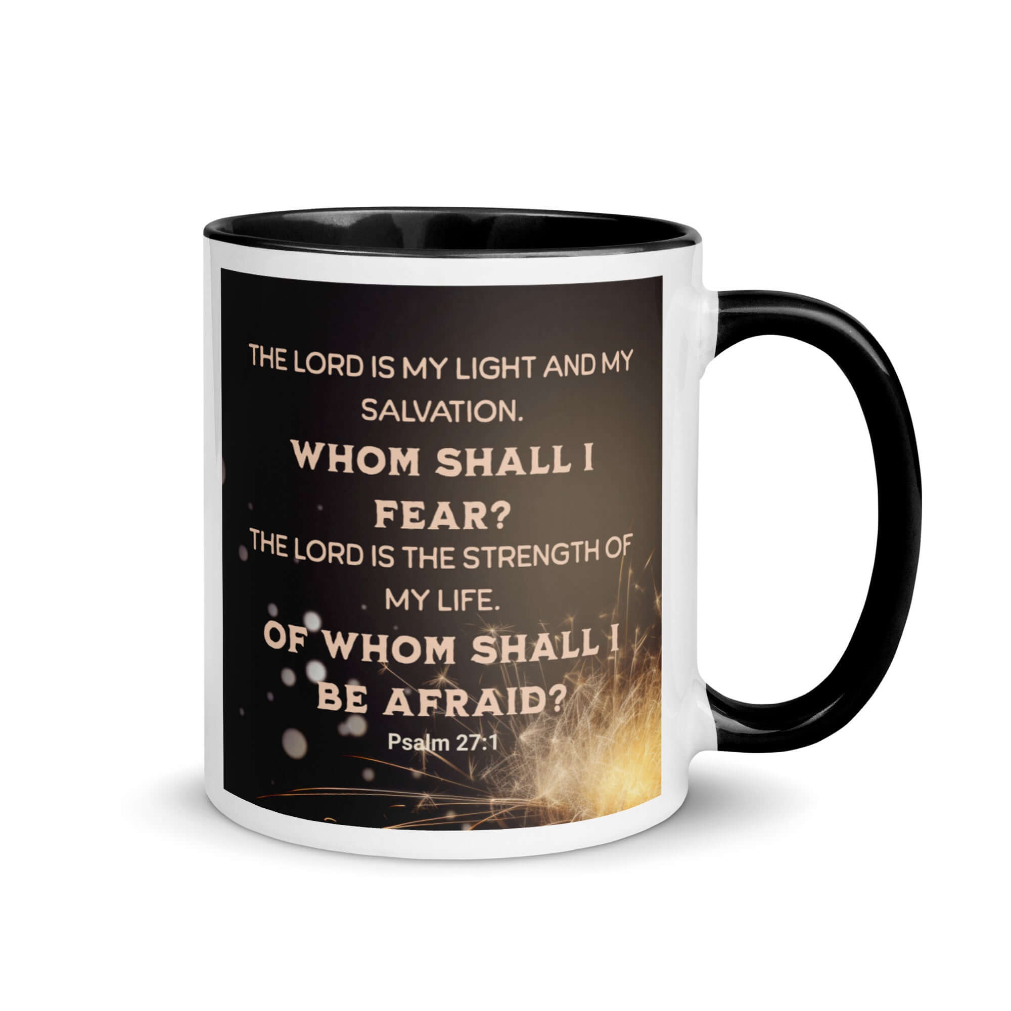 Psalm 27:1 Bible Verse, The LORD is My Light White Ceramic Mug with Color Inside Black 11 oz