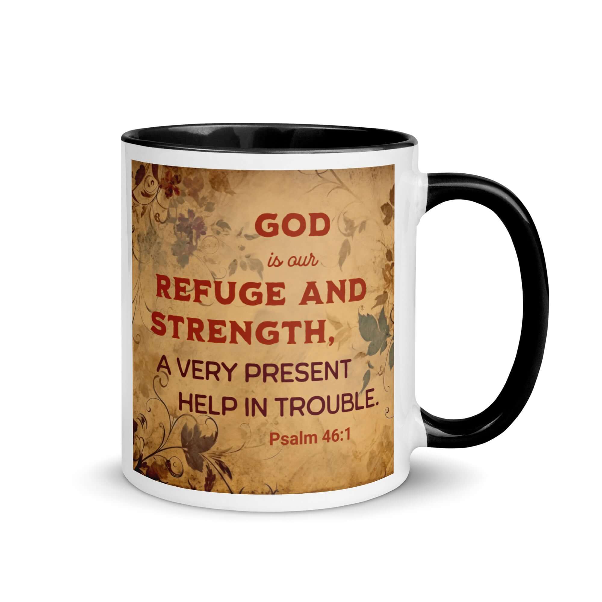 Psalm 46:1 Bible Verse, God is Our Refuge White Ceramic Mug with Color Inside Black 11 oz