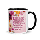 John 3:16 Bible Verse, For God So Loved White Ceramic Mug with Color Inside Black 11 oz