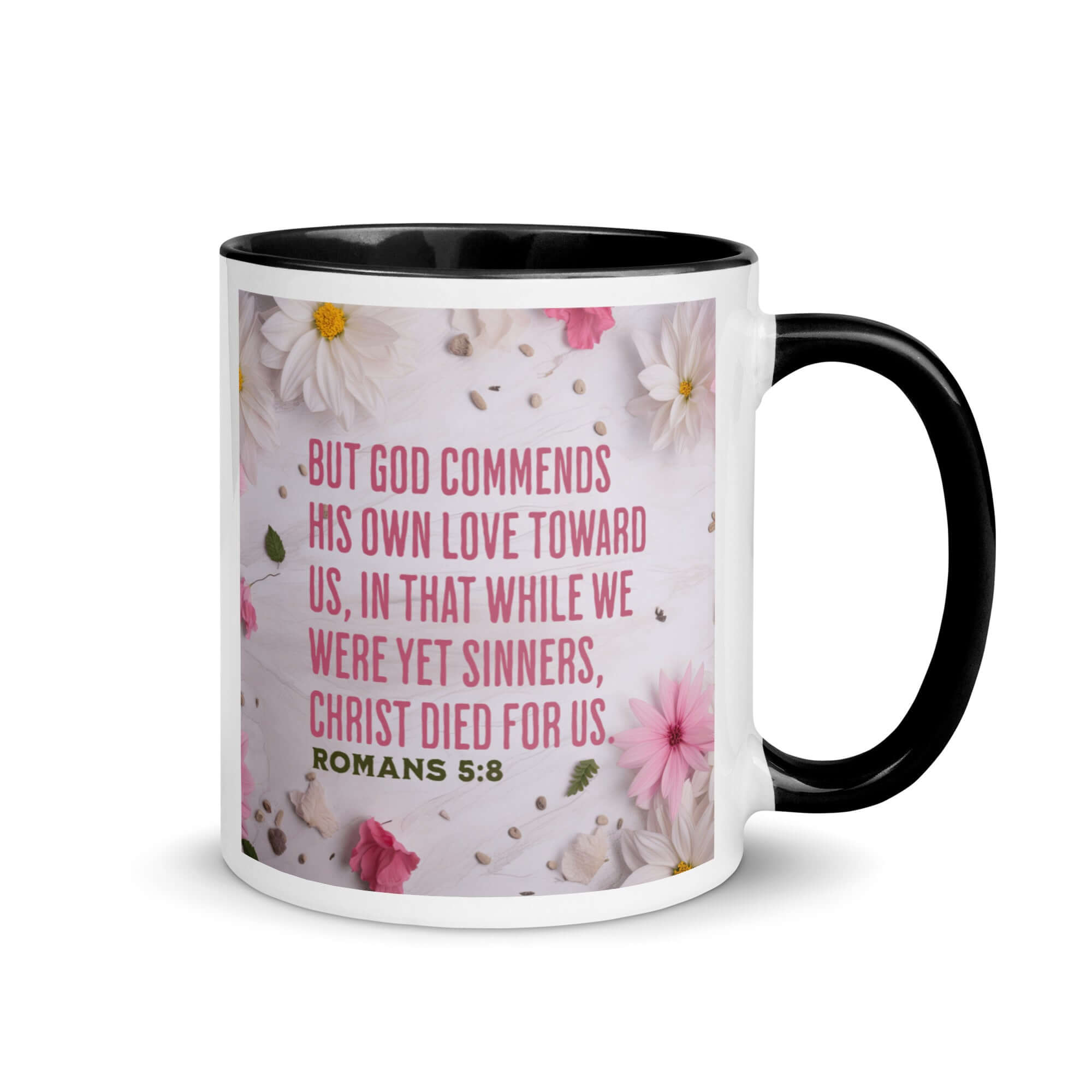 Romans 5:8 Bible Verse, Christ Died for Us White Ceramic Mug with Color Inside Black 11 oz