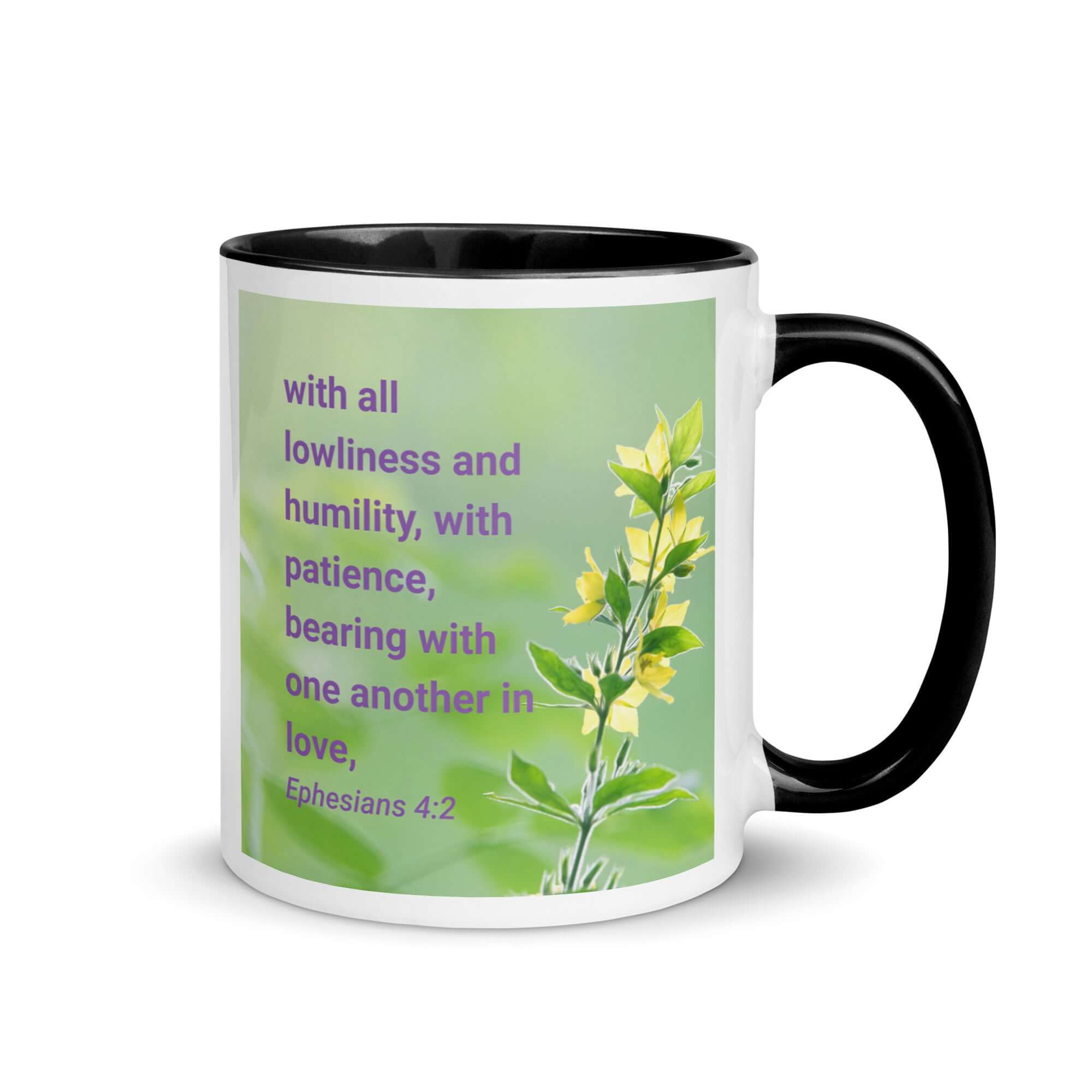 Ephesians 4:2 Bible Verse, one another in love White Ceramic Mug with Color Inside Black 11 oz