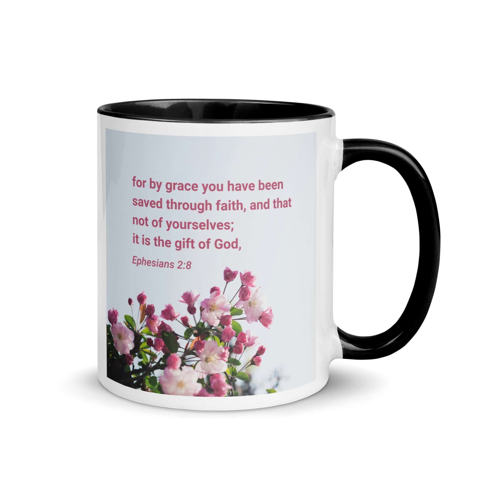 Ephesians 2:8 Bible Verse, saved through faith White Ceramic Mug with Color Inside Black 11 oz