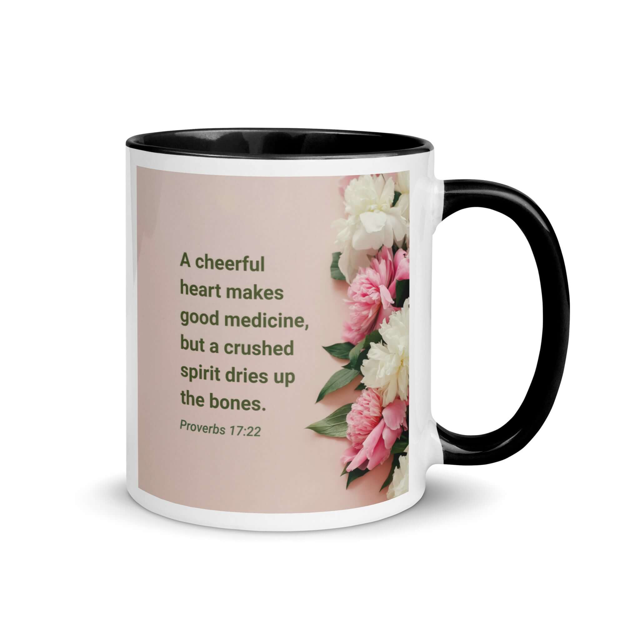 Proverbs 17:22 Bible Verse, good medicine White Ceramic Mug with Color Inside Black 11 oz