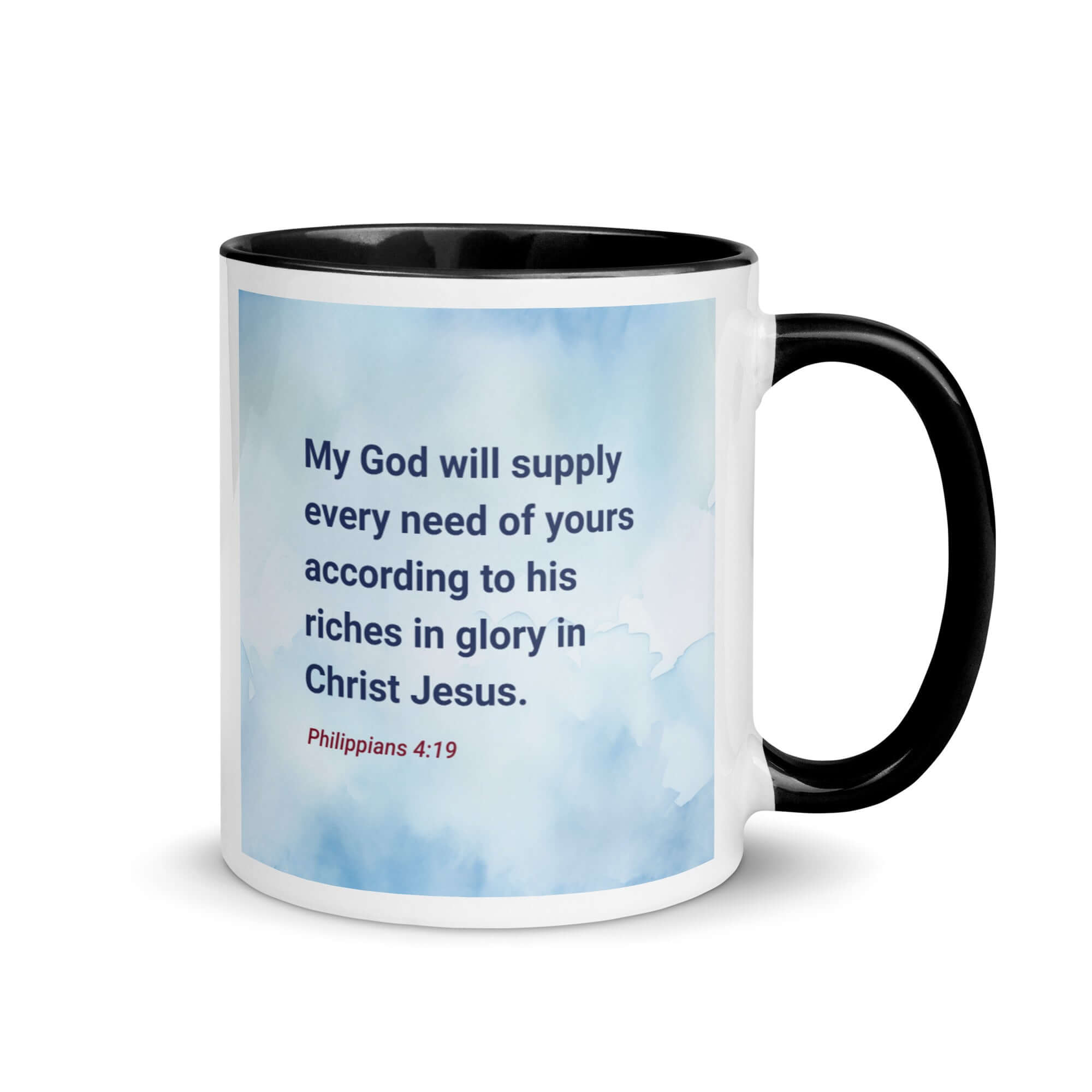 Philippians 4:19 Bible Verse, God will supply White Ceramic Mug with Color Inside Black 11 oz