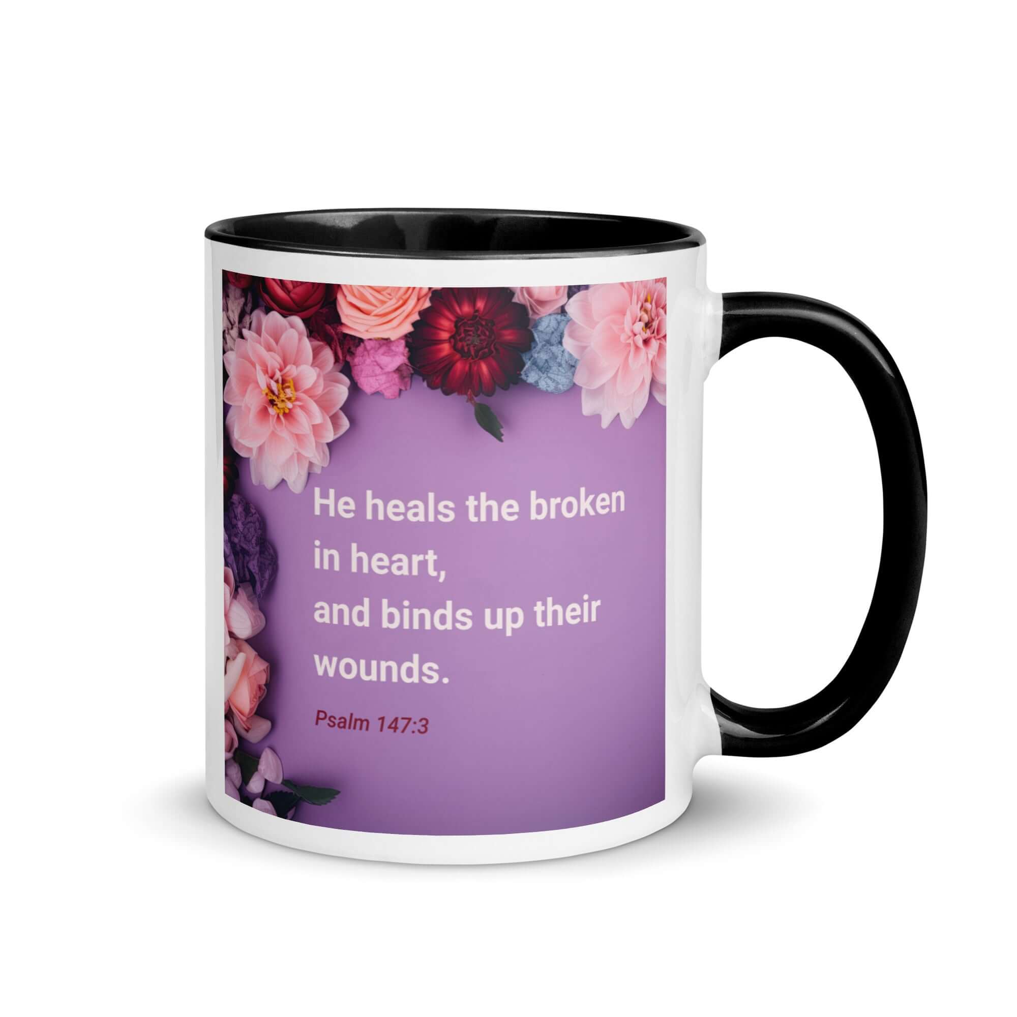 Psalm 147:3 Bible Verse, He heals the broken White Ceramic Mug with Color Inside Black 11 oz