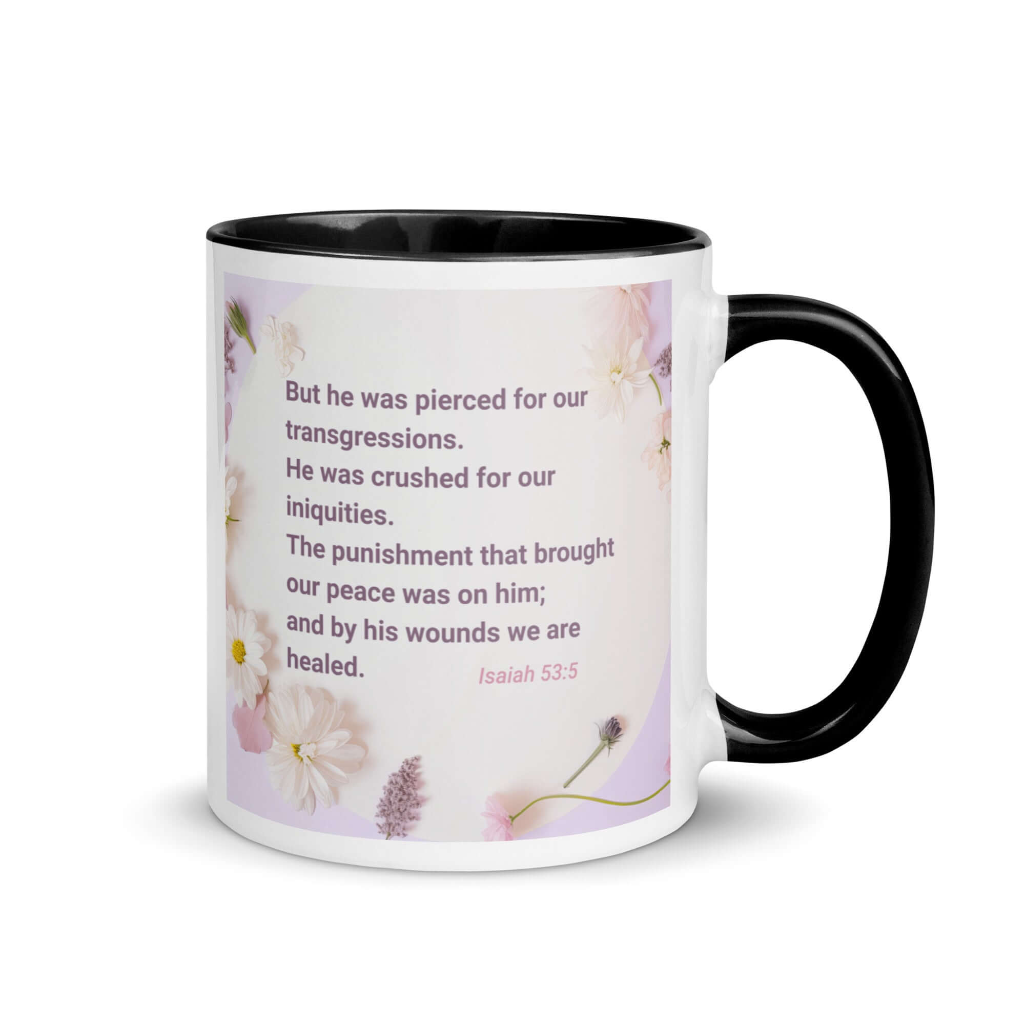 Isaiah 53:5 Bible Verse, by his wounds White Ceramic Mug with Color Inside Black 11 oz