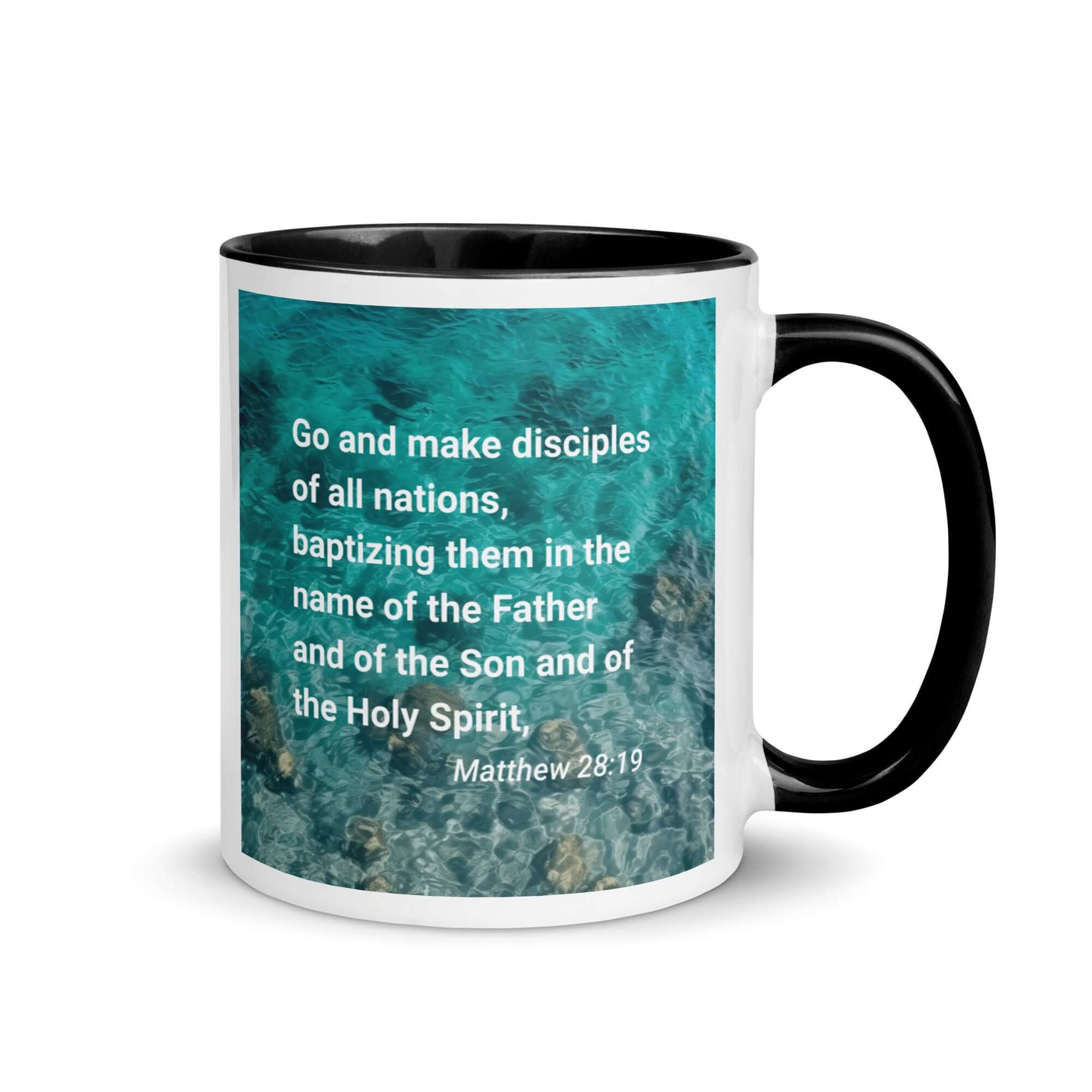 Matthew 28:19 Bible Verse, Make Disciples White Ceramic Mug with Color Inside Black 11 oz