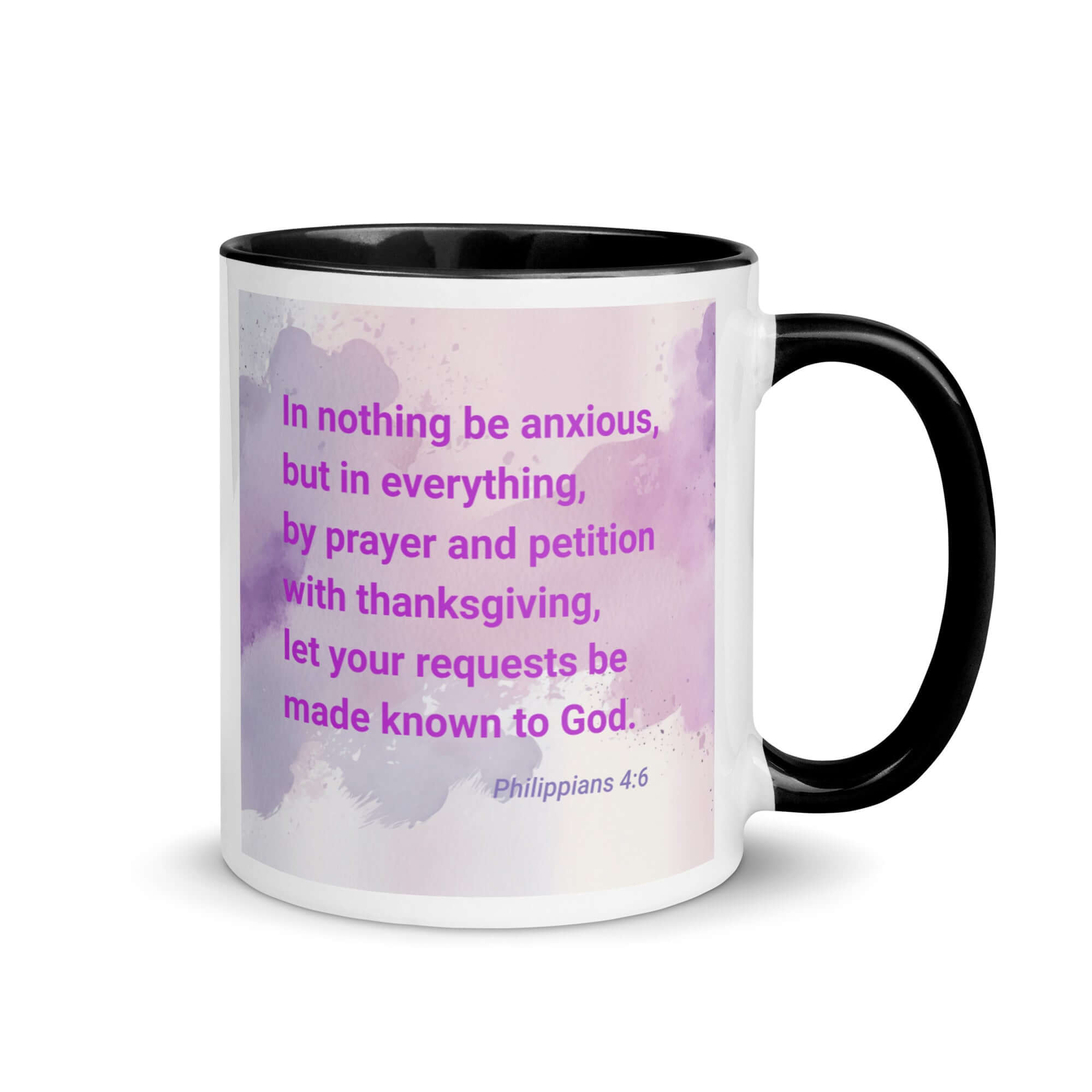 Philippians 4:6 Bible Verse, Prayer and Petition White Ceramic Mug with Color Inside Black 11 oz