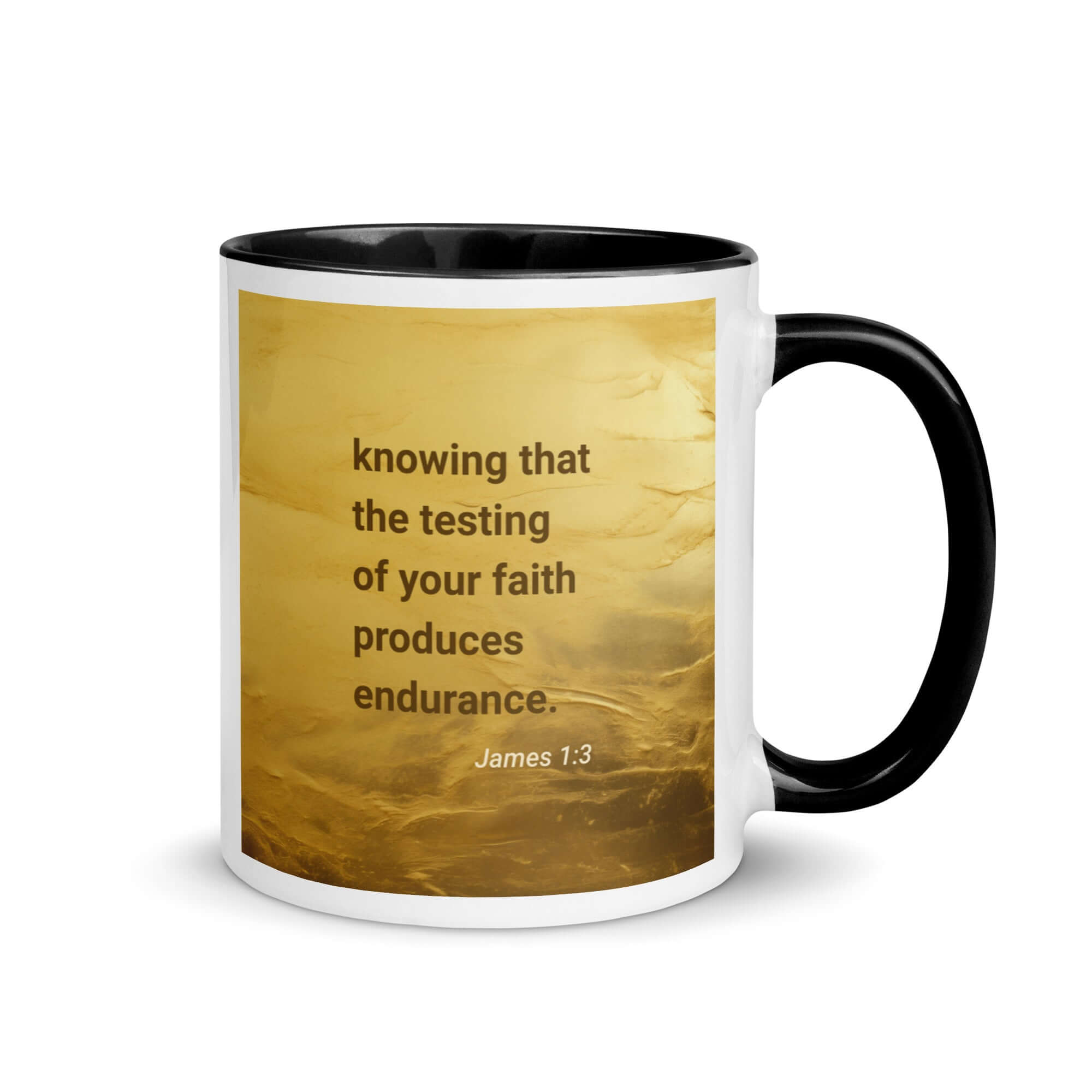 James 1:3 Bible Verse, testing of your faith White Ceramic Mug with Color Inside Black 11 oz