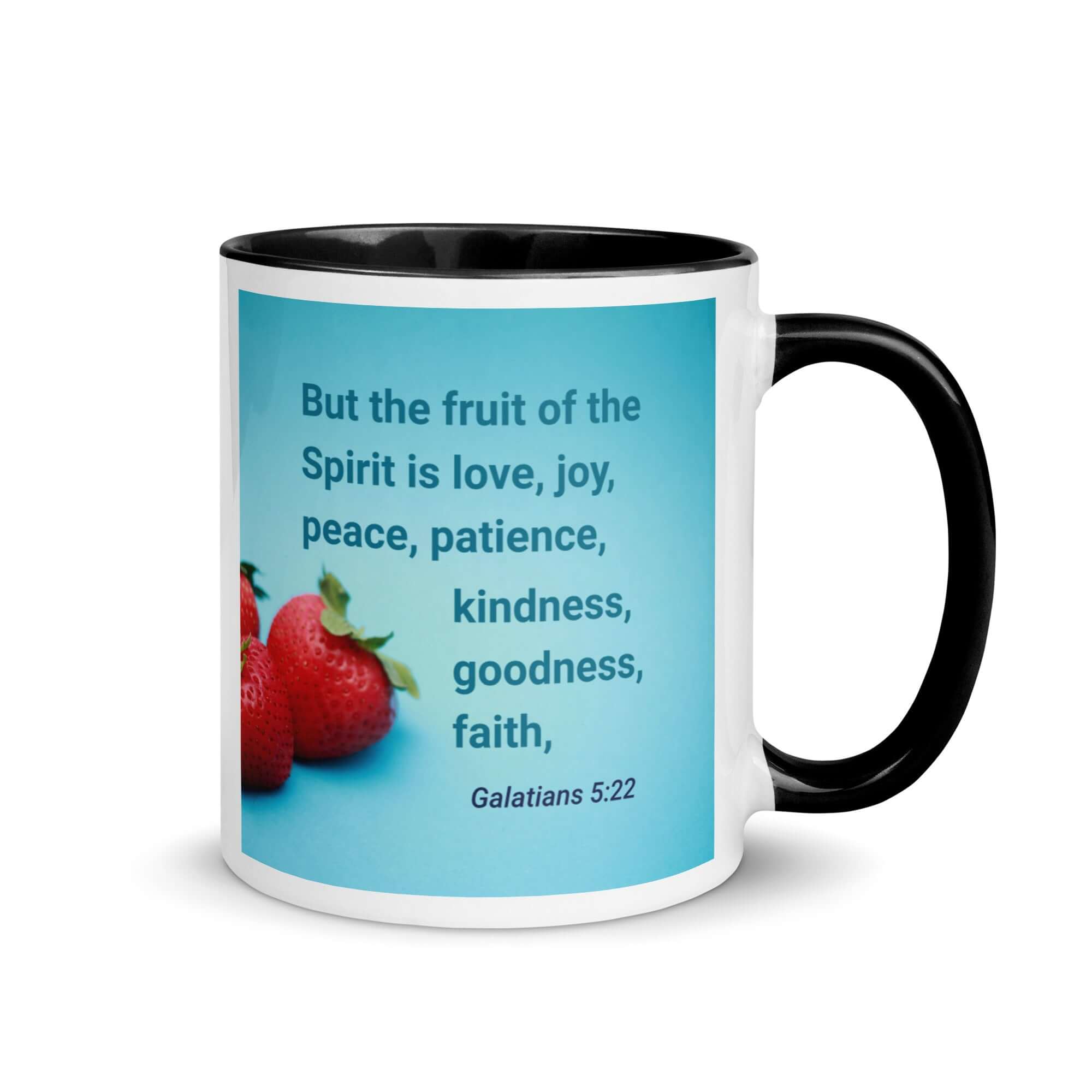 Galatians 5:22 Bible Verse, fruit of the Spirit White Ceramic Mug with Color Inside Black 11 oz