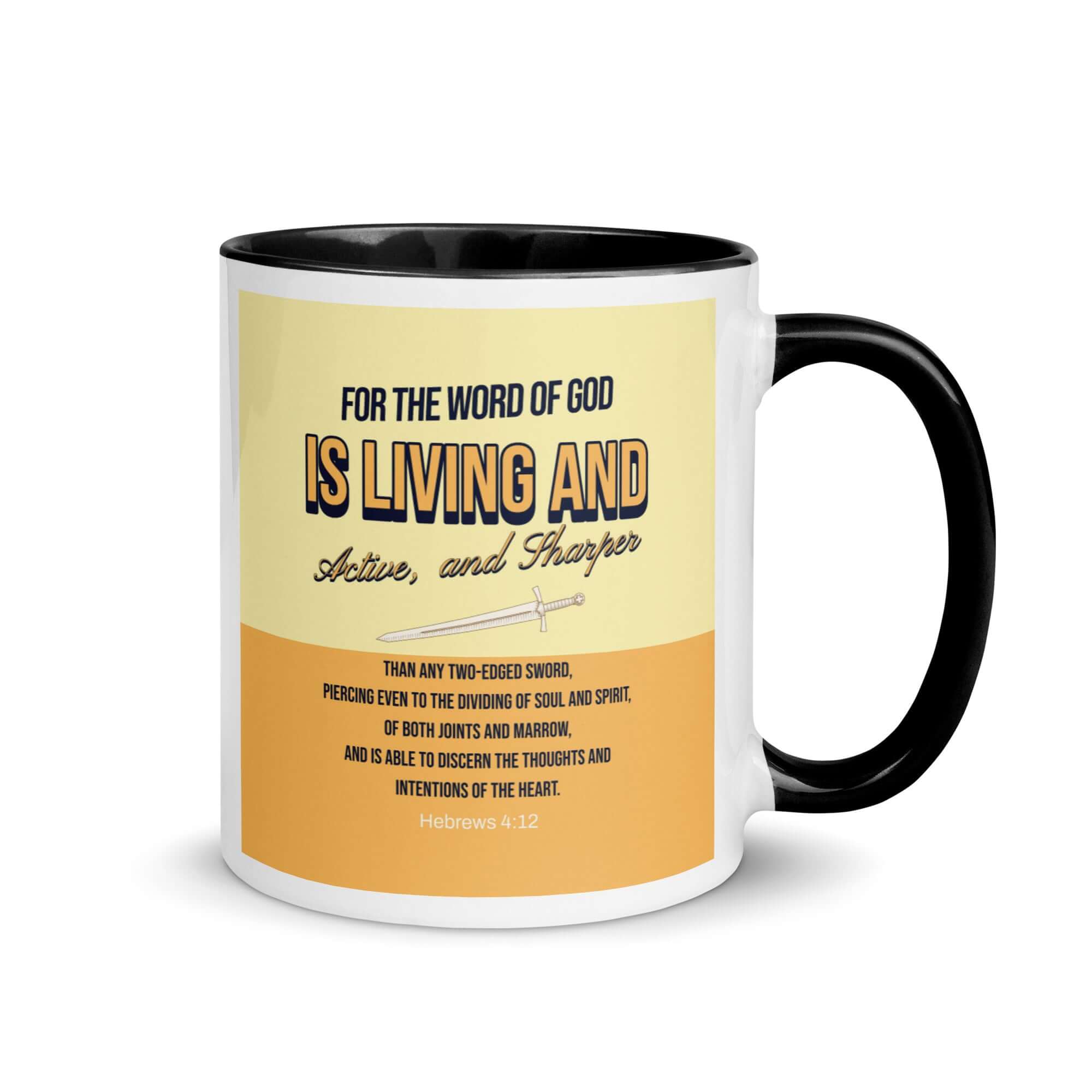 Hebrews 4:12 Bible Verse, living and active White Ceramic Mug with Color Inside Black 11 oz