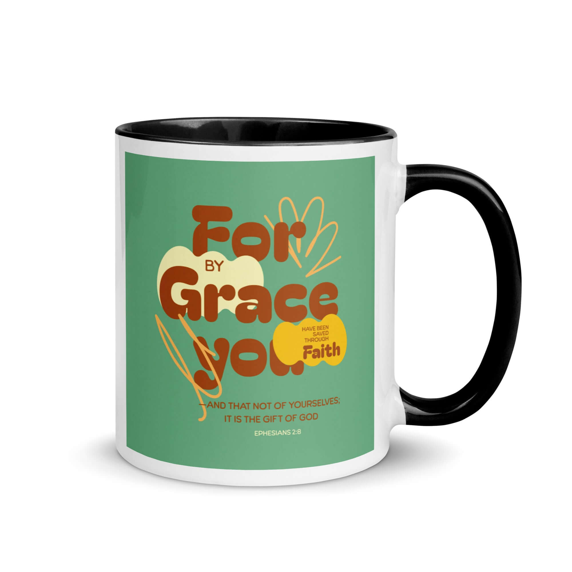 Ephesians 2:8 Bible Verse, for by grace White Ceramic Mug with Color Inside Black 11 oz