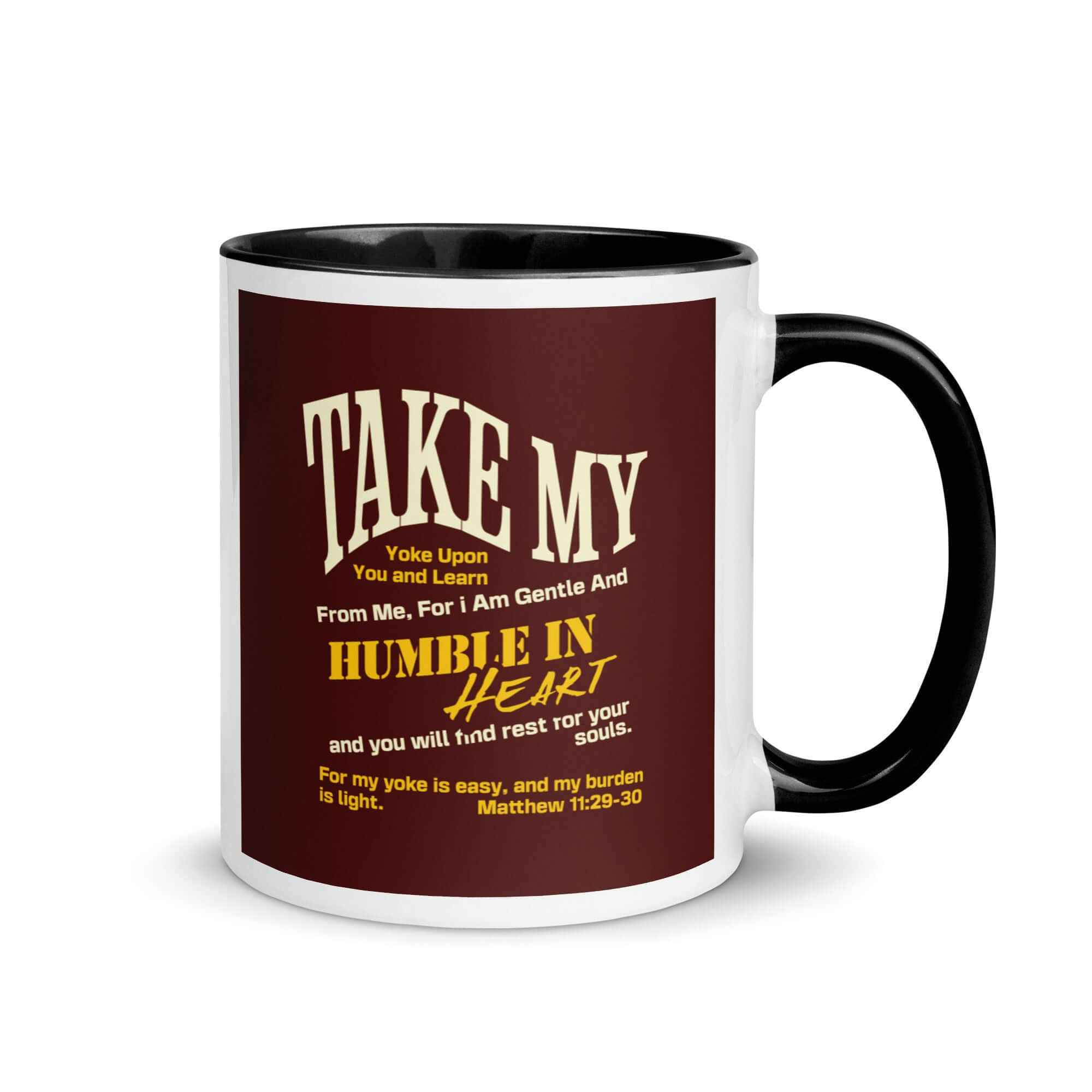 Matthew 11:29-30 Bible Verse, learn from me White Ceramic Mug with Color Inside Black 11 oz