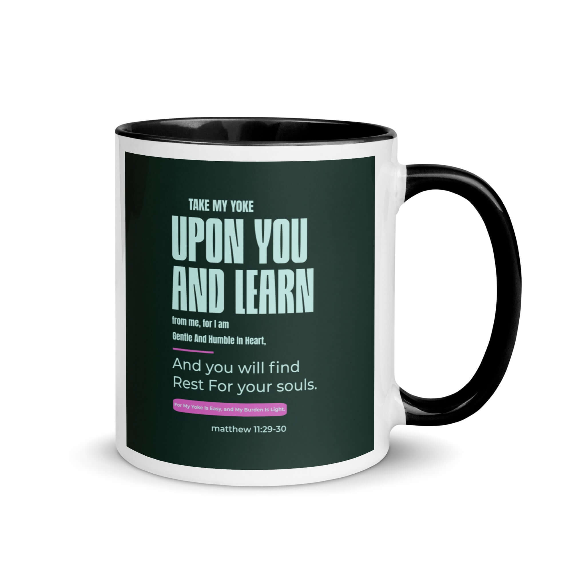 Matthew 11:29-30 Bible Verse, I am gentle White Ceramic Mug with Color Inside Black 11 oz