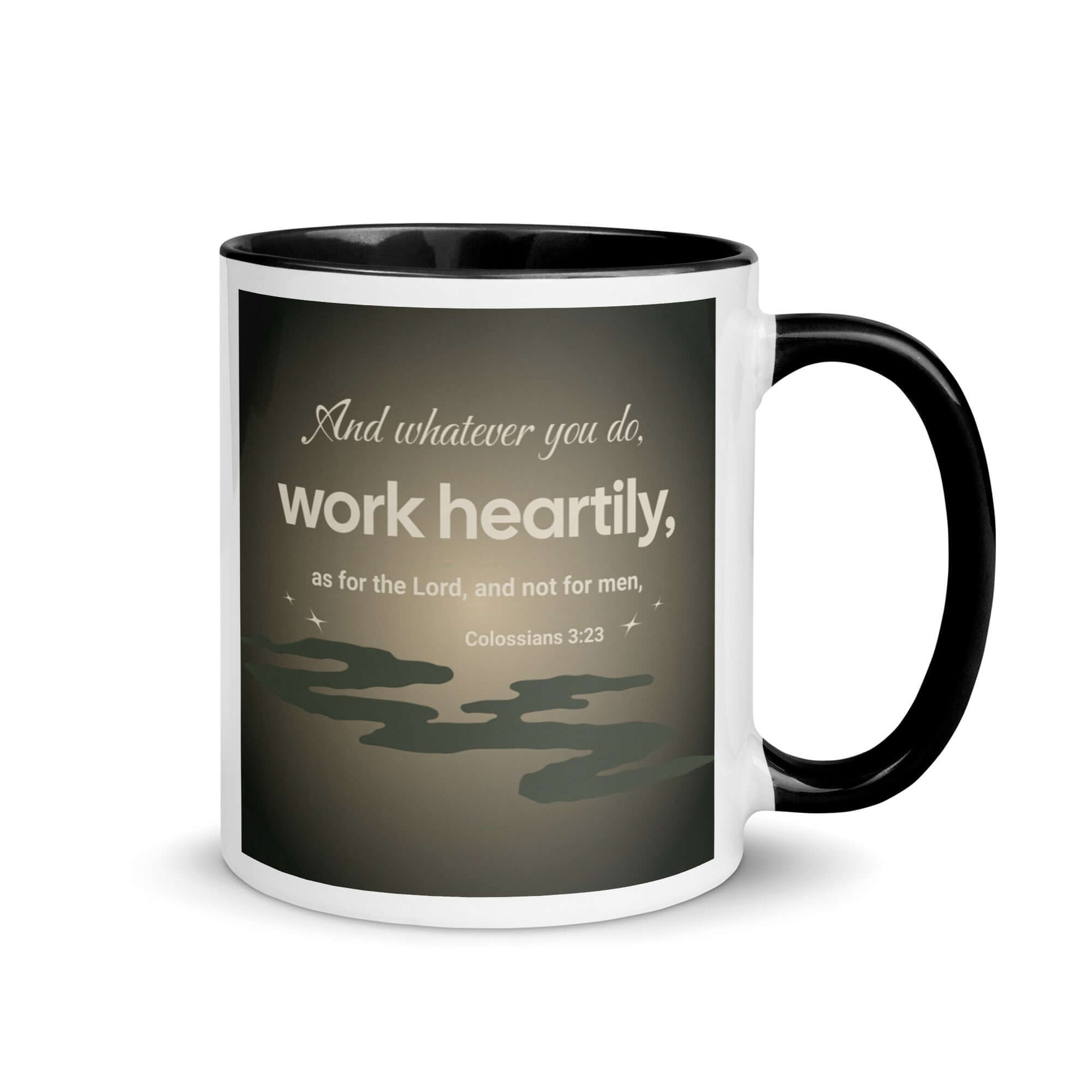 Colossians 3:23 Bible Verse, as for the Lord White Ceramic Mug with Color Inside Black 11 oz