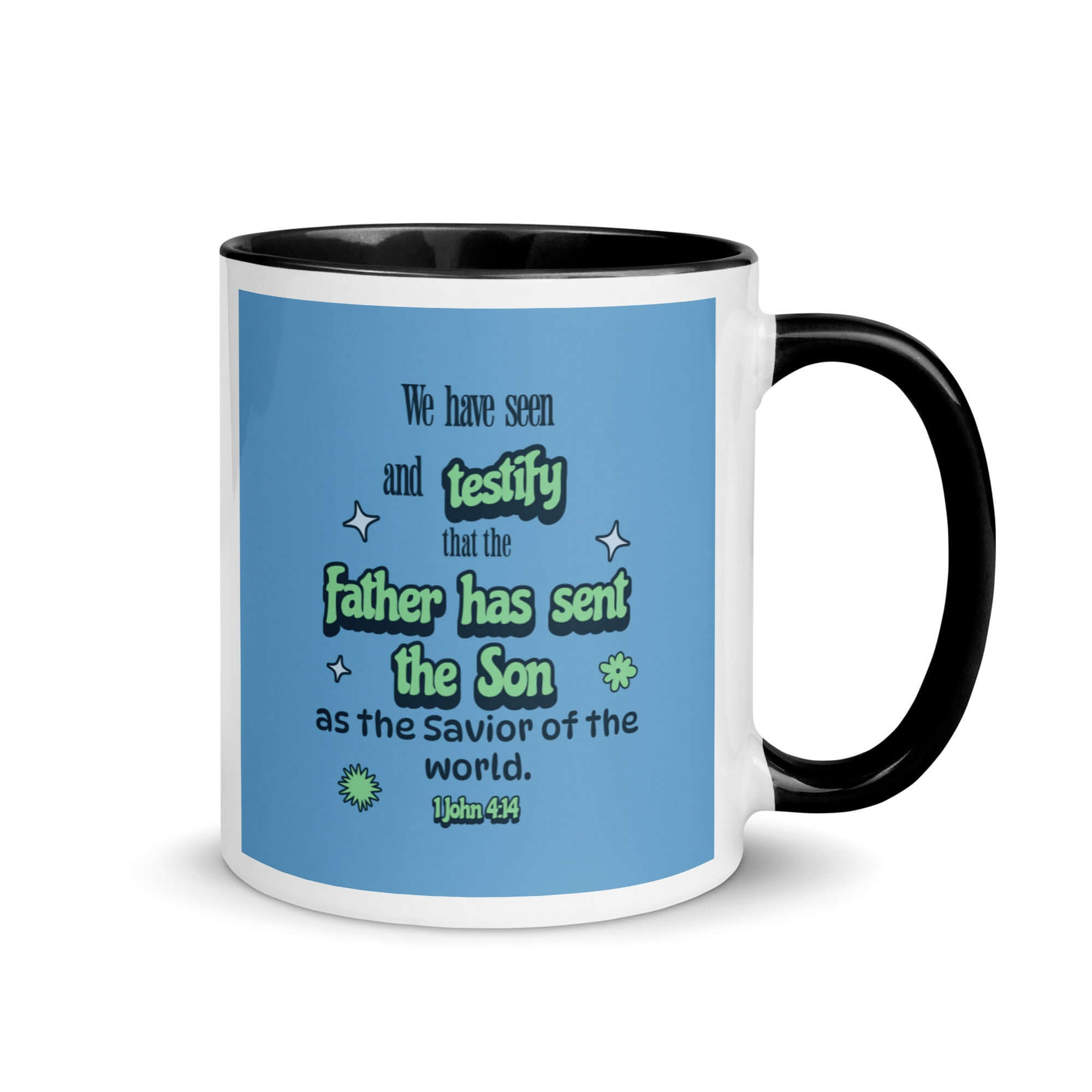 1 John 4:14 Bible Verse, sent the Son White Ceramic Mug with Color Inside Black 11 oz