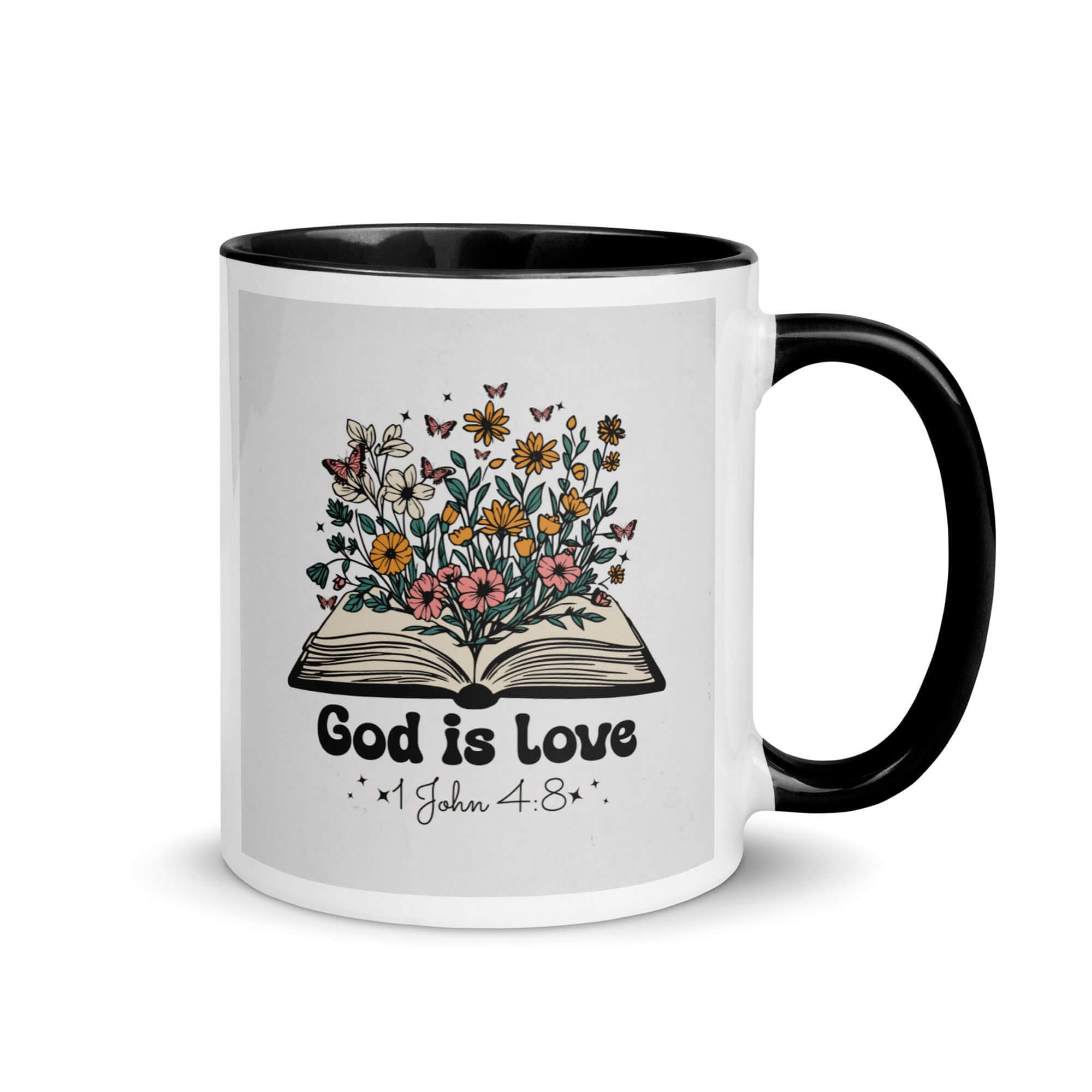 1 John 4:8 Bible Verse, God is Love White Ceramic Mug with Color Inside Black 11 oz