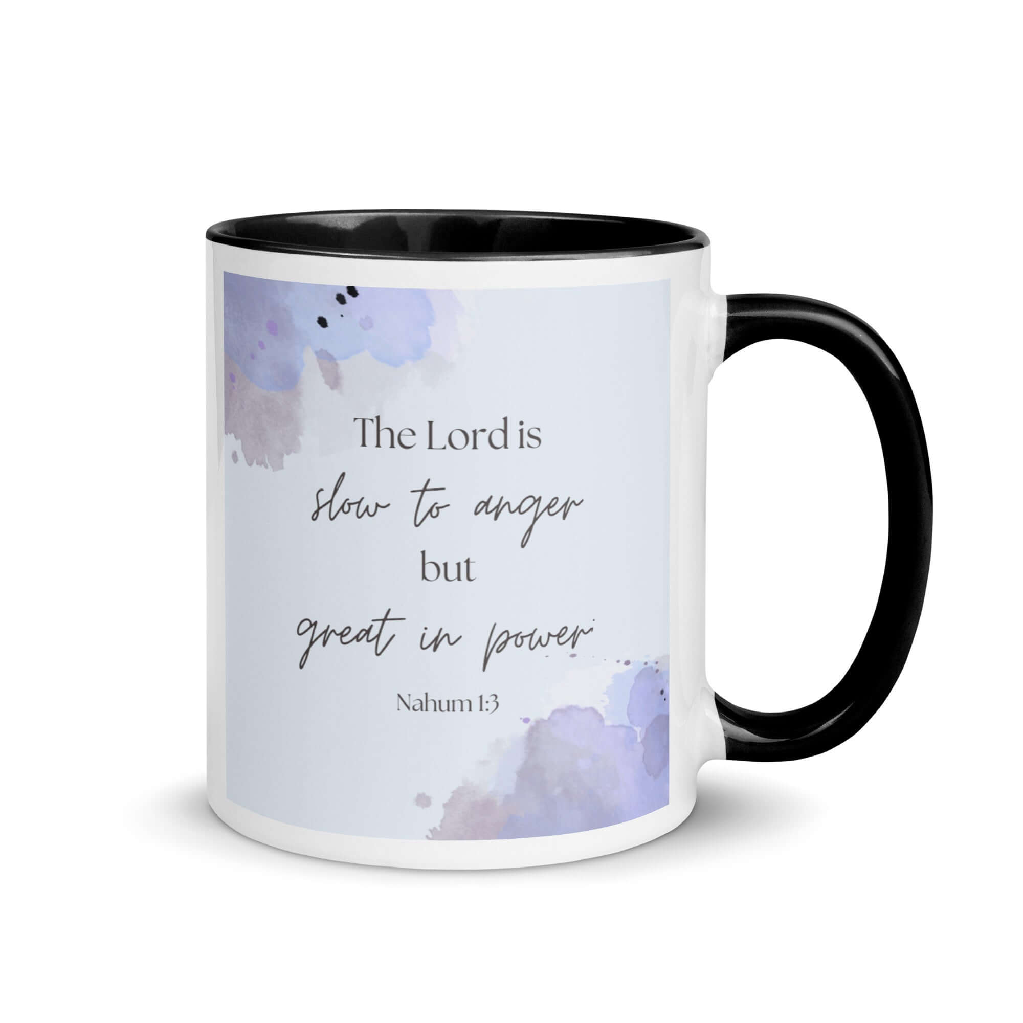 Nahum 1:3 Bible Verse, great in power White Ceramic Mug with Color Inside Black 11 oz