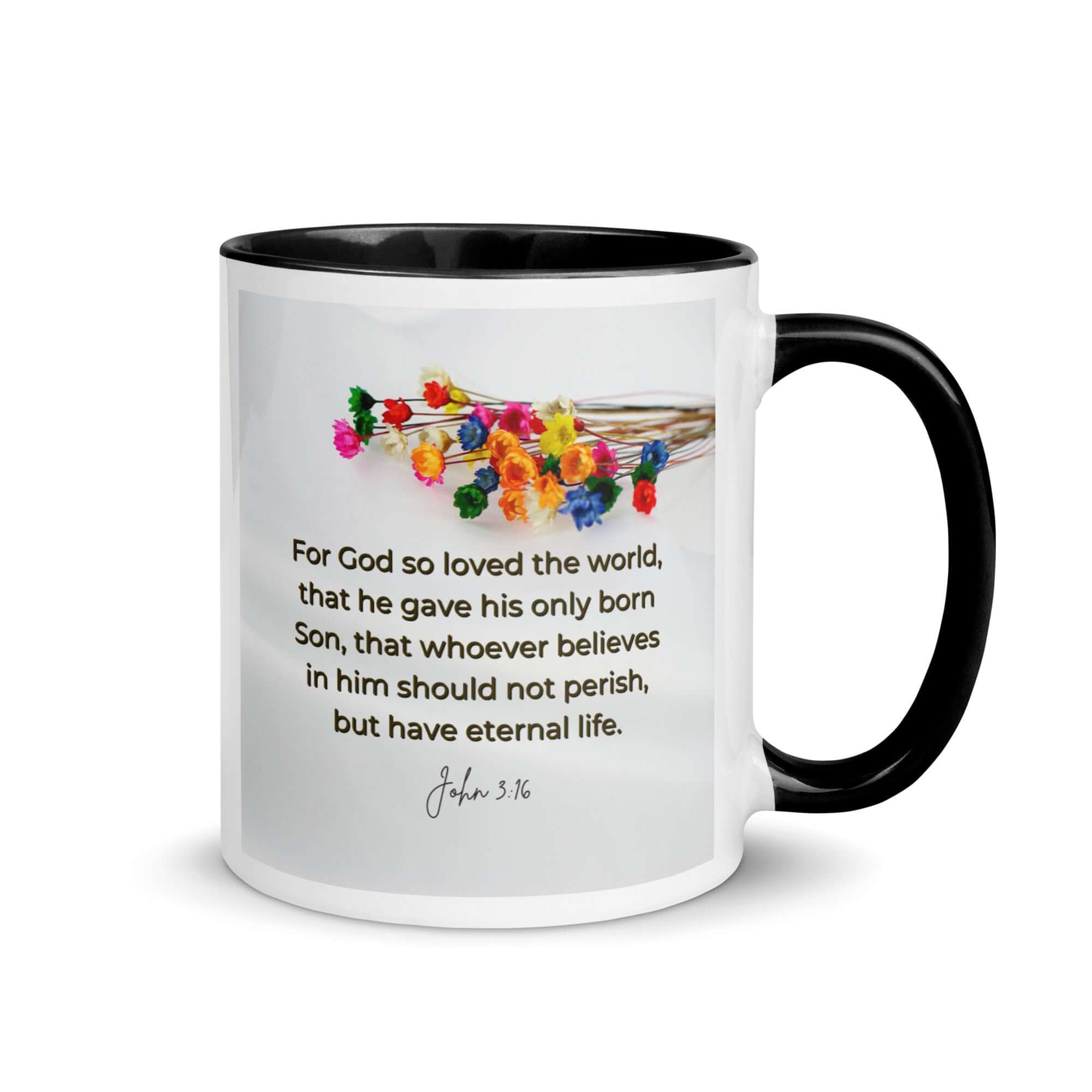 John 3:16 Bible Verse, He gave His Son White Ceramic Mug with Color Inside Black 11 oz